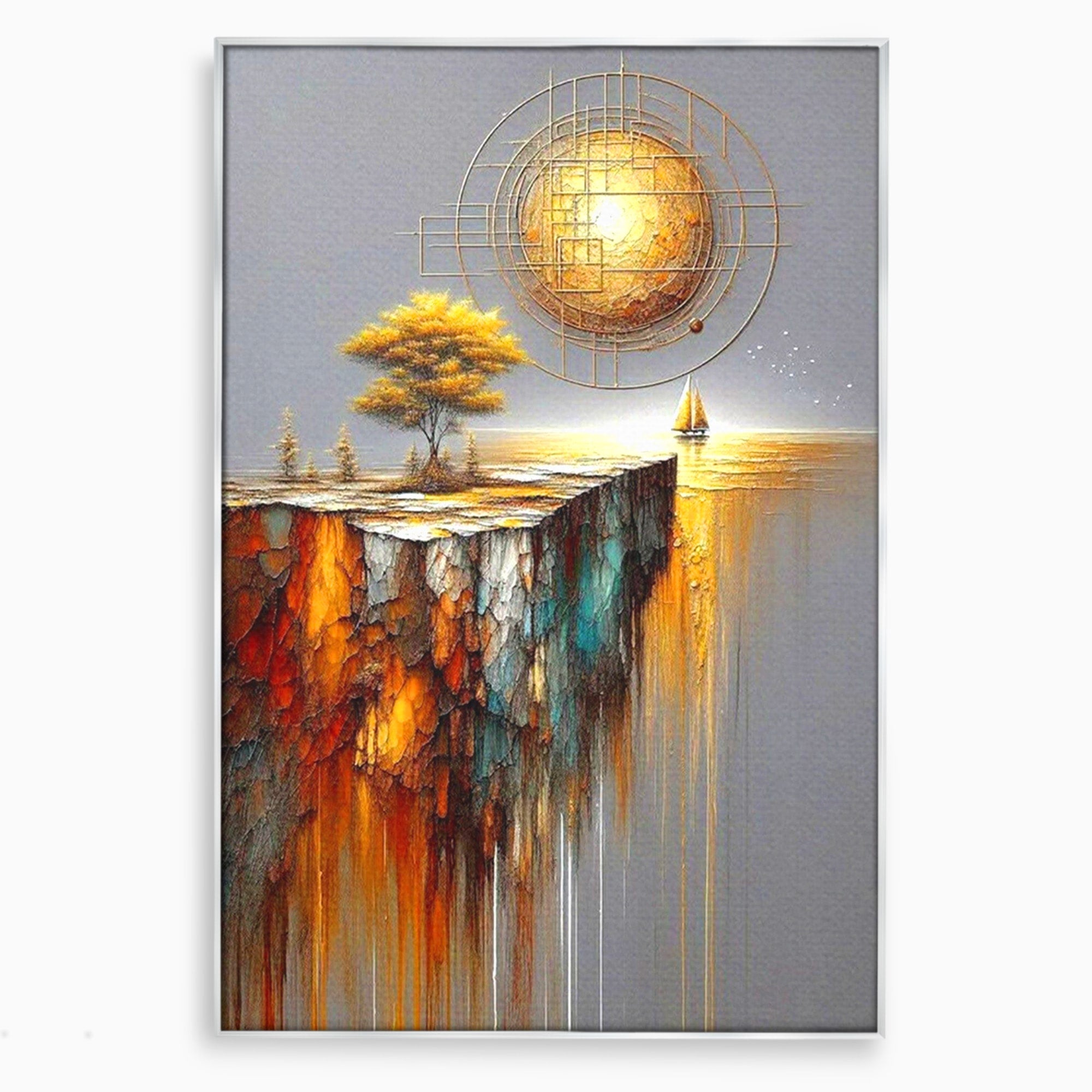 Tablou Canvas Premium LuxCanva® PI1381, Dincolo de Orizont, Apus, Stanca, Copac, Taram, Abstract, Culori Vibrante, Living, Dormitor