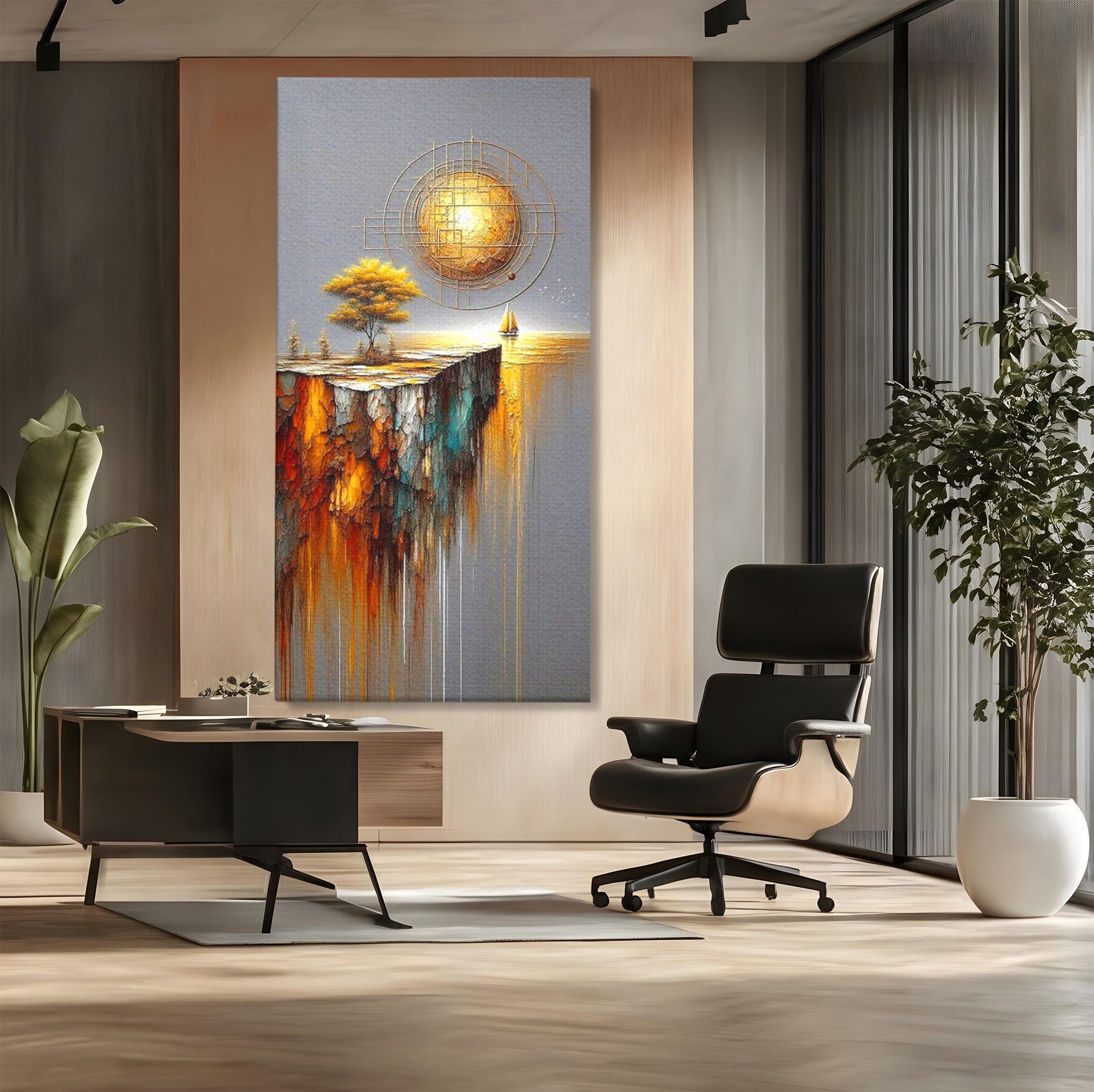 Tablou Canvas Premium LuxCanva® PI1381, Dincolo de Orizont, Apus, Stanca, Copac, Taram, Abstract, Culori Vibrante, Living, Dormitor