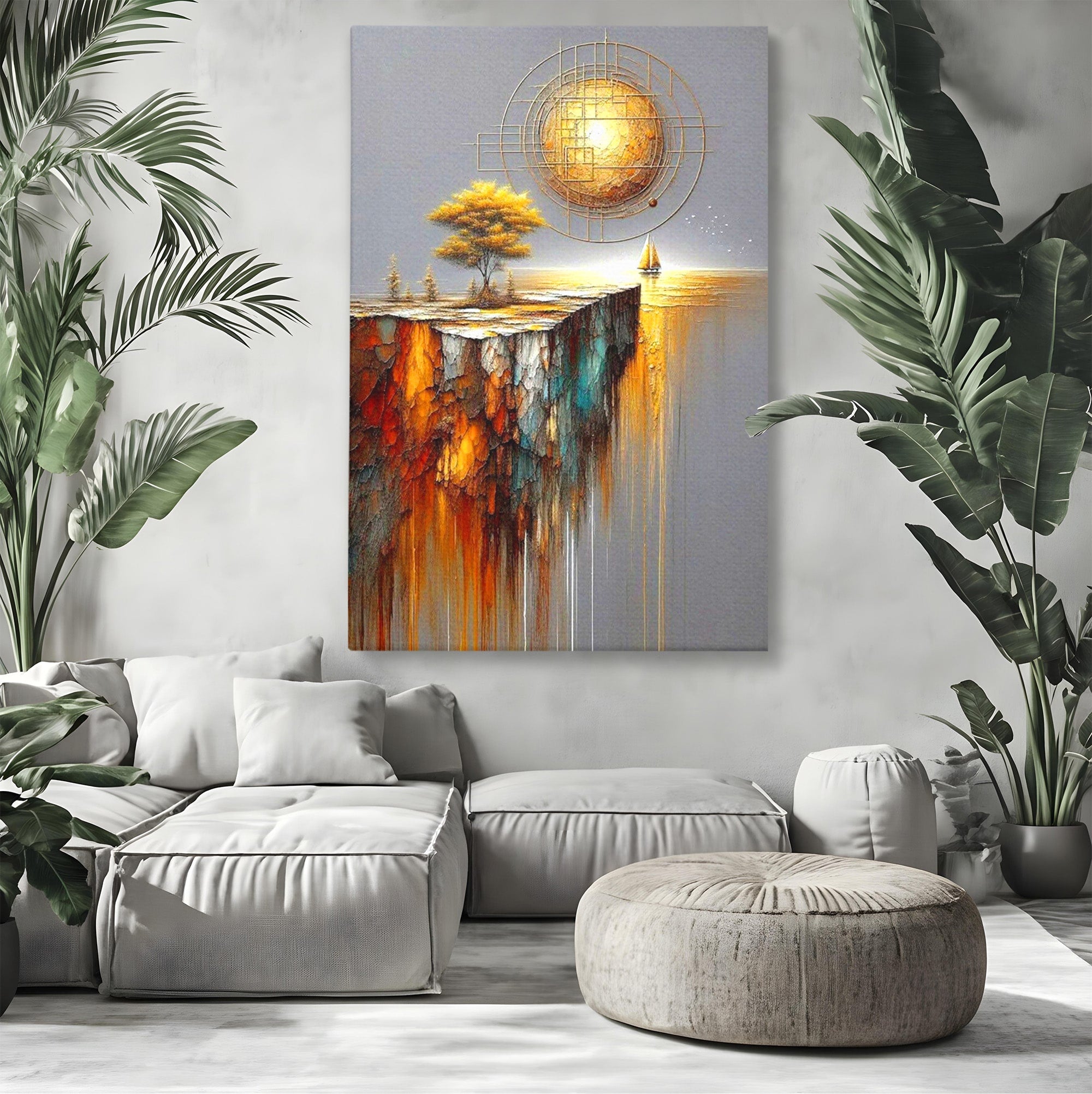 Tablou Canvas Premium LuxCanva® PI1381, Dincolo de Orizont, Apus, Stanca, Copac, Taram, Abstract, Culori Vibrante, Living, Dormitor