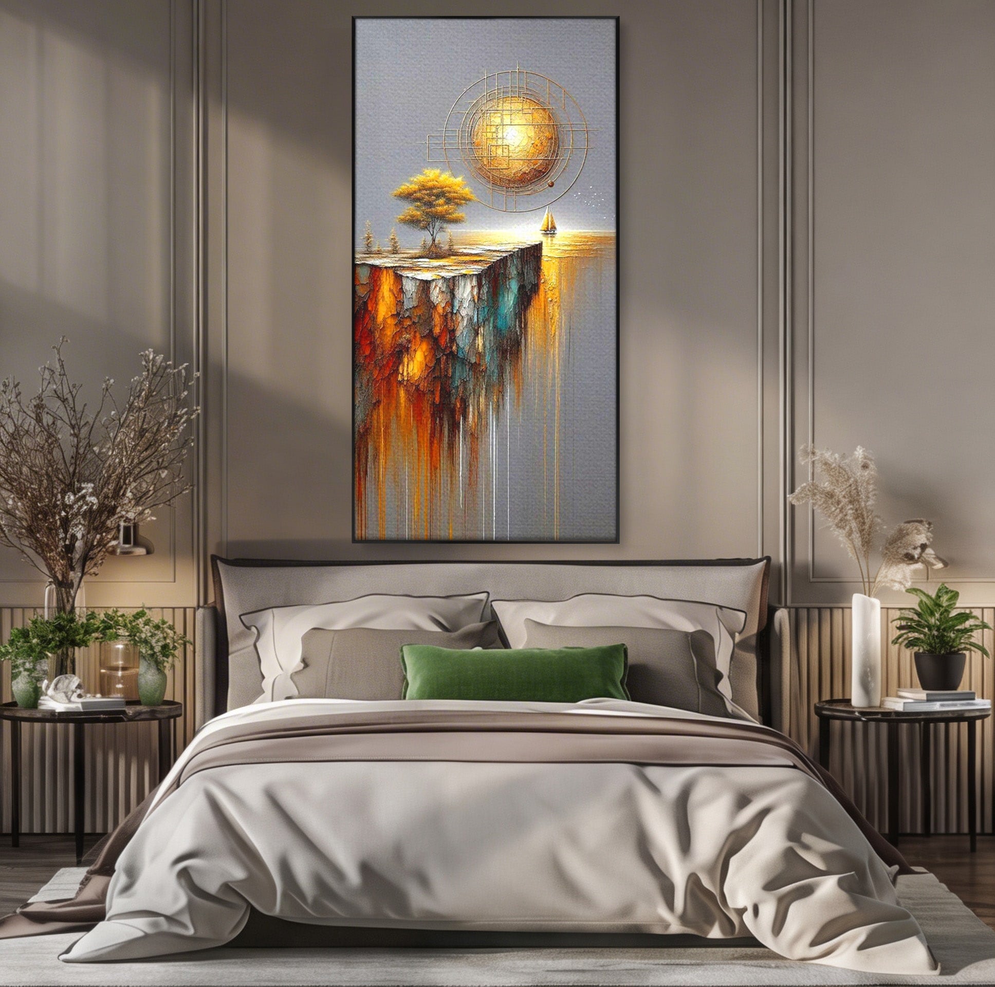 Tablou Canvas Premium LuxCanva® PI1381, Dincolo de Orizont, Apus, Stanca, Copac, Taram, Abstract, Culori Vibrante, Living, Dormitor