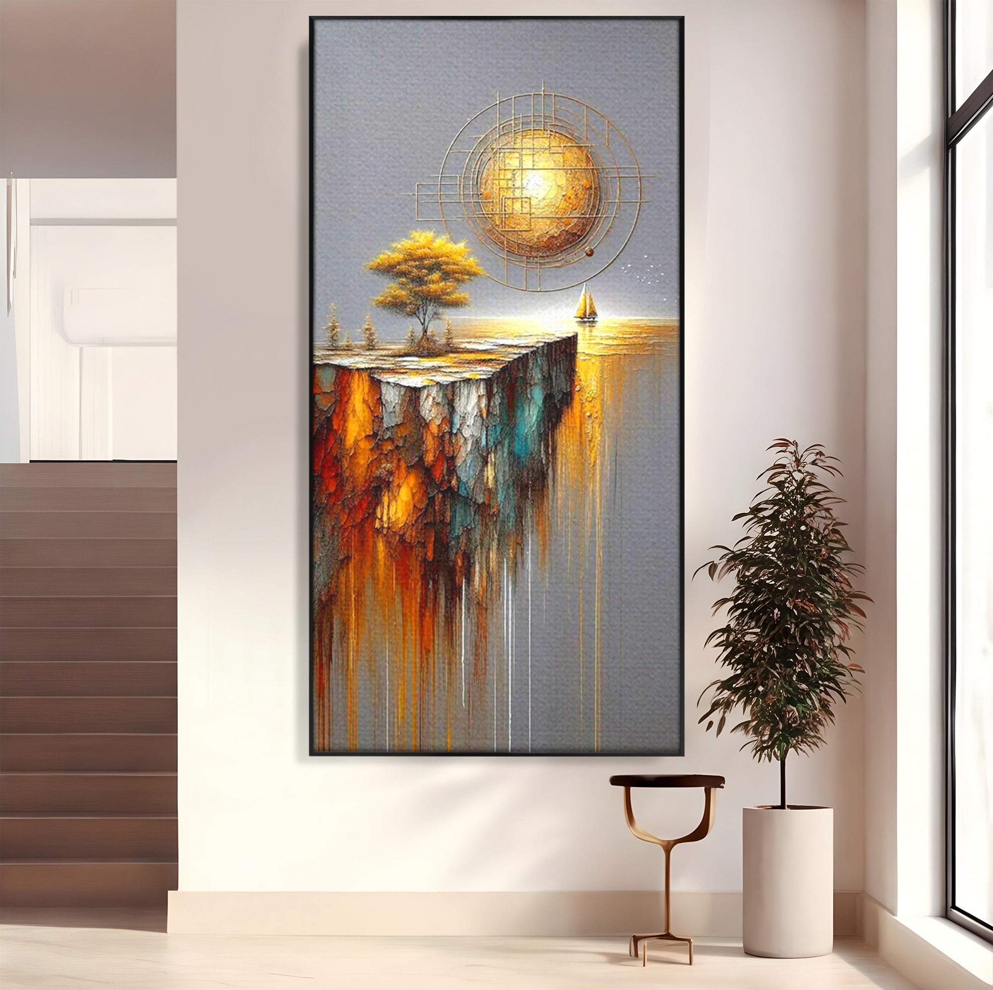 Tablou Canvas Premium LuxCanva® PI1381, Dincolo de Orizont, Apus, Stanca, Copac, Taram, Abstract, Culori Vibrante, Living, Dormitor