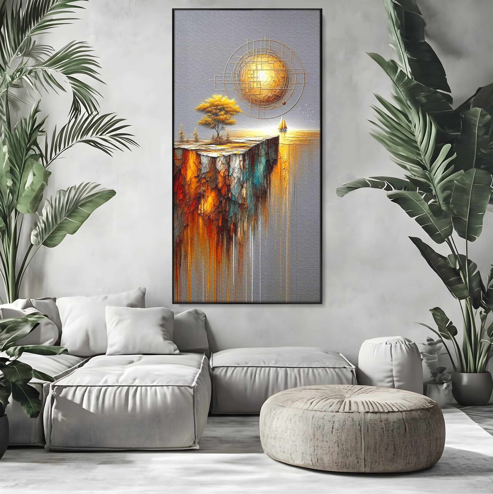 Tablou Canvas Premium LuxCanva® PI1381, Dincolo de Orizont, Apus, Stanca, Copac, Taram, Abstract, Culori Vibrante, Living, Dormitor