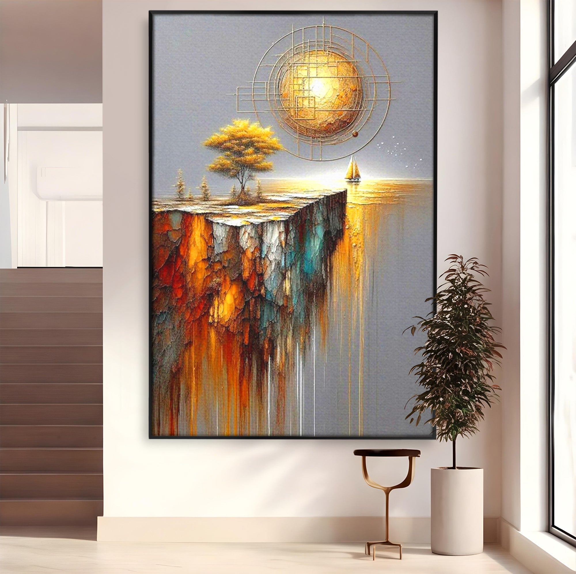 Tablou Canvas Premium LuxCanva® PI1381, Dincolo de Orizont, Apus, Stanca, Copac, Taram, Abstract, Culori Vibrante, Living, Dormitor