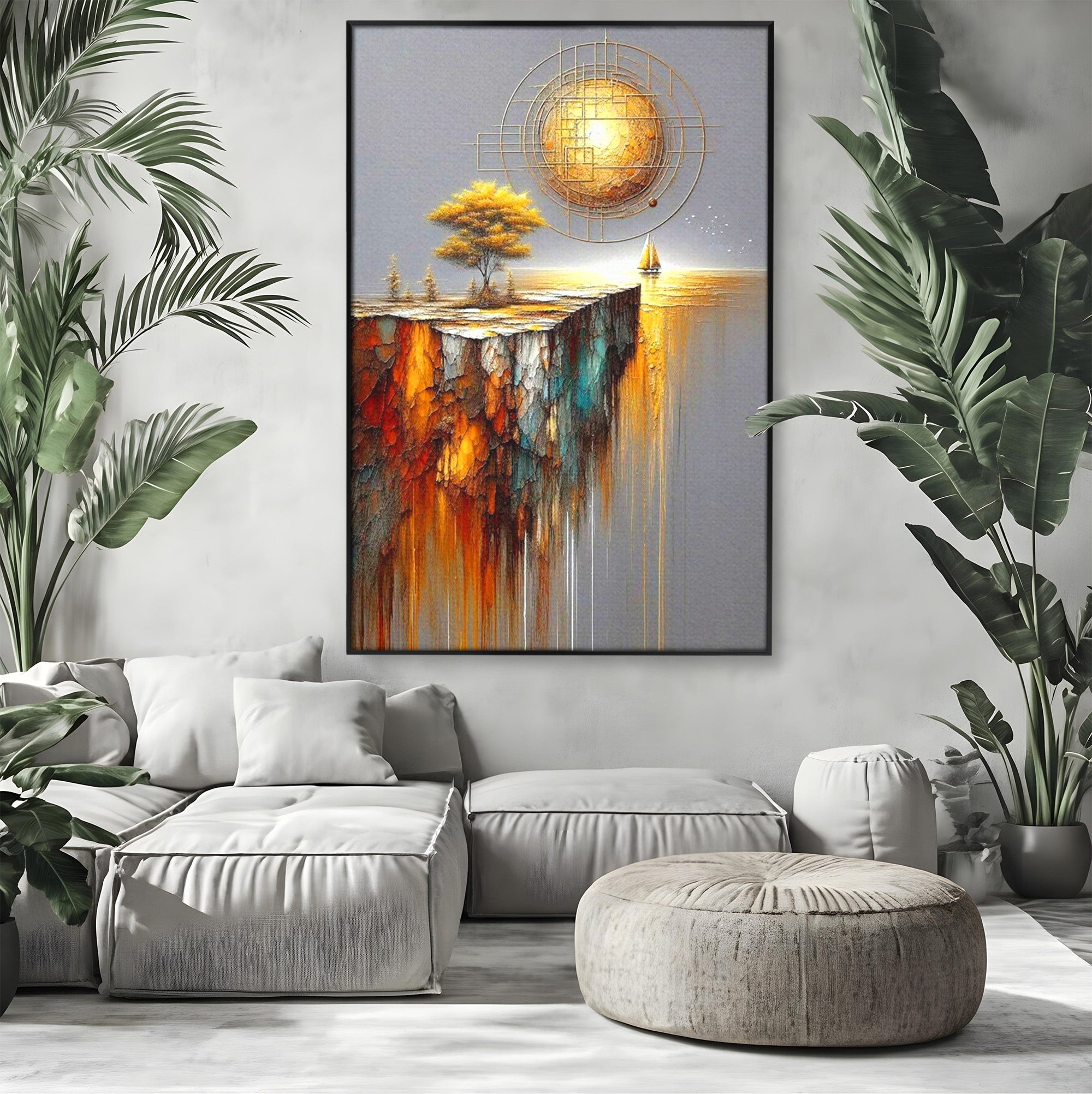 Tablou Canvas Premium LuxCanva® PI1381, Dincolo de Orizont, Apus, Stanca, Copac, Taram, Abstract, Culori Vibrante, Living, Dormitor