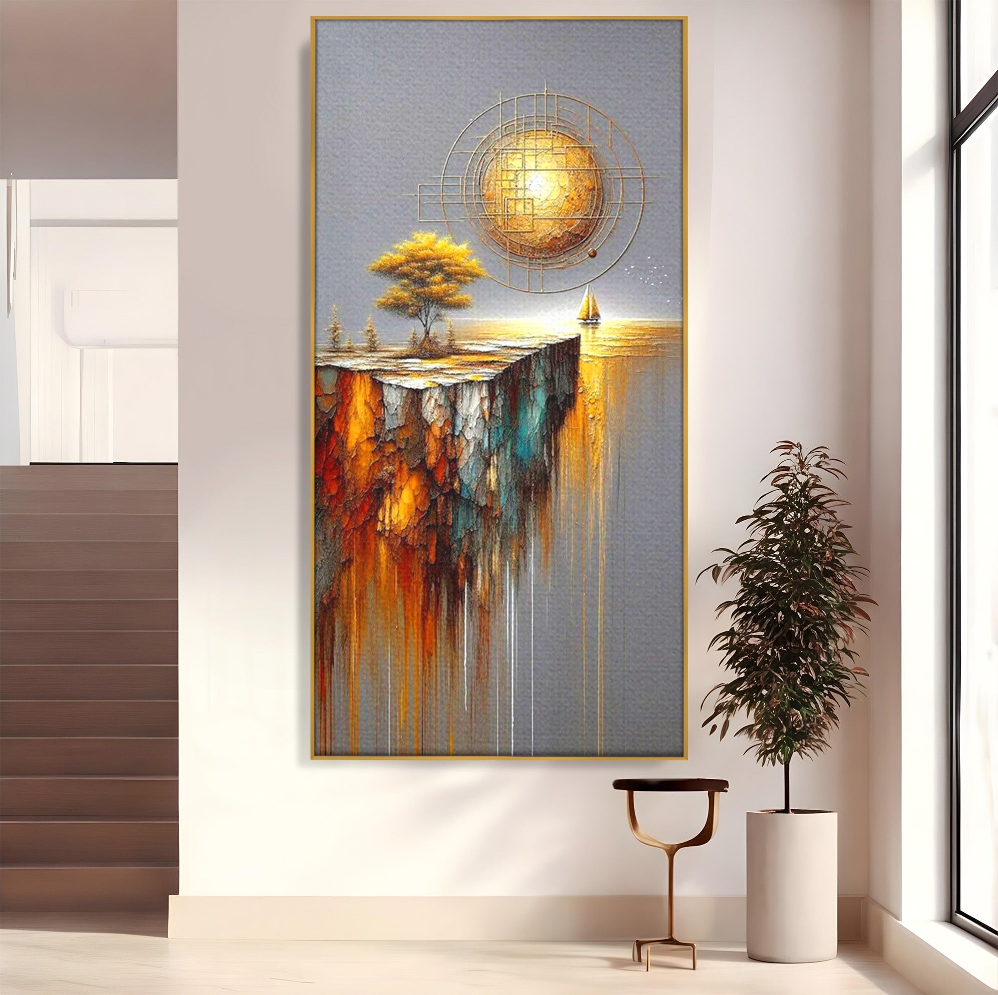 Tablou Canvas Premium LuxCanva® PI1381, Dincolo de Orizont, Apus, Stanca, Copac, Taram, Abstract, Culori Vibrante, Living, Dormitor