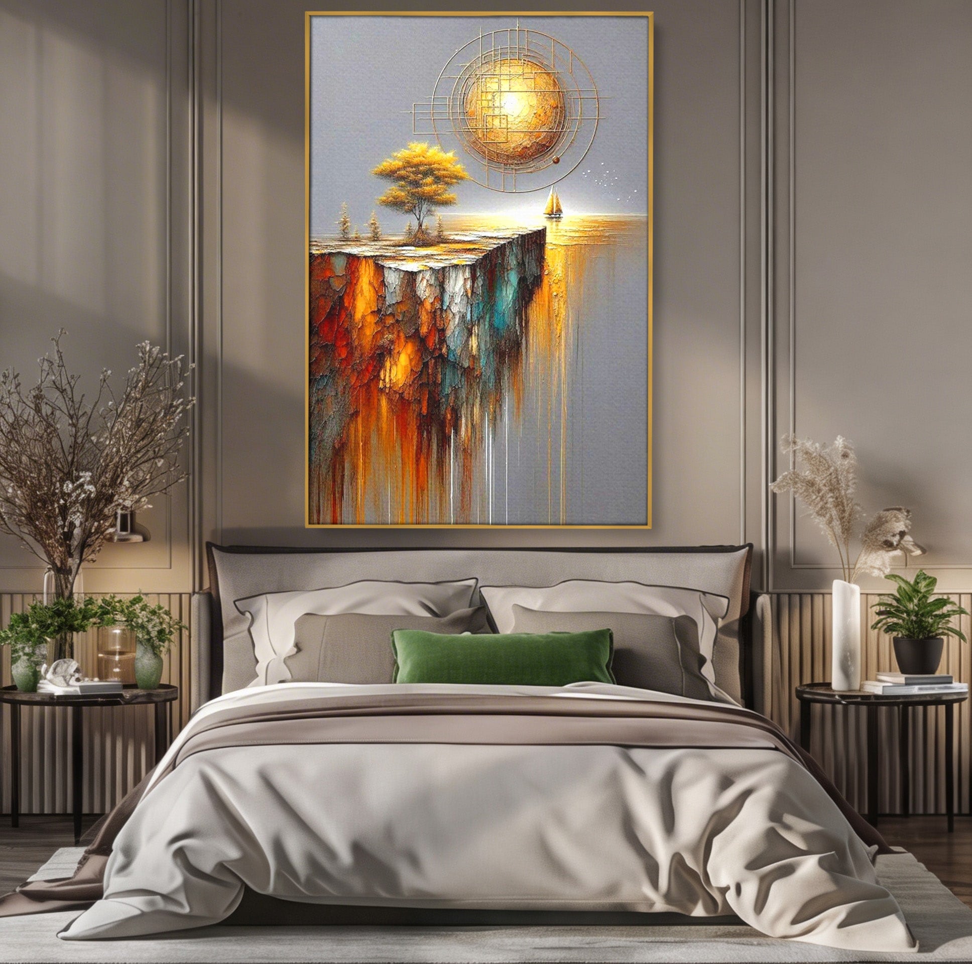 Tablou Canvas Premium LuxCanva® PI1381, Dincolo de Orizont, Apus, Stanca, Copac, Taram, Abstract, Culori Vibrante, Living, Dormitor