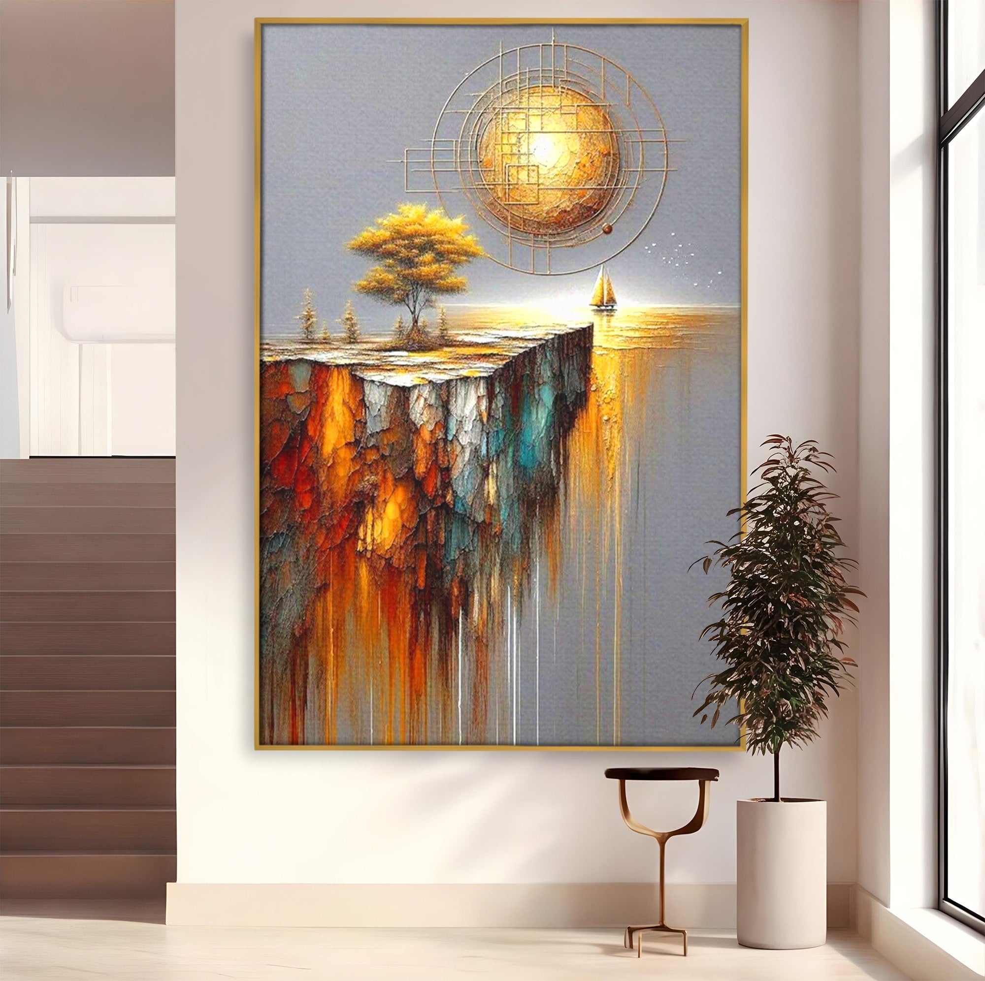 Tablou Canvas Premium LuxCanva® PI1381, Dincolo de Orizont, Apus, Stanca, Copac, Taram, Abstract, Culori Vibrante, Living, Dormitor