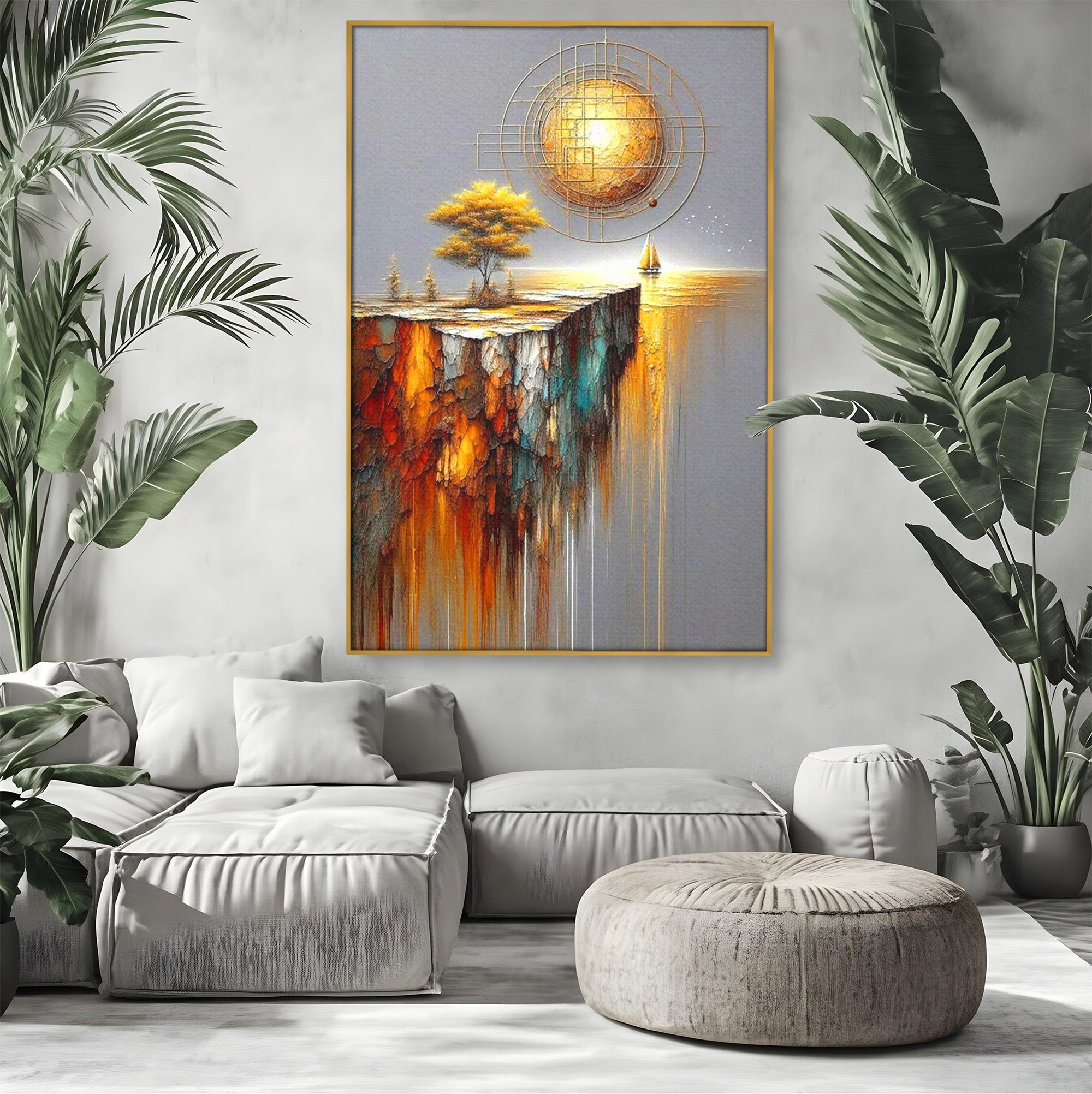 Tablou Canvas Premium LuxCanva® PI1381, Dincolo de Orizont, Apus, Stanca, Copac, Taram, Abstract, Culori Vibrante, Living, Dormitor