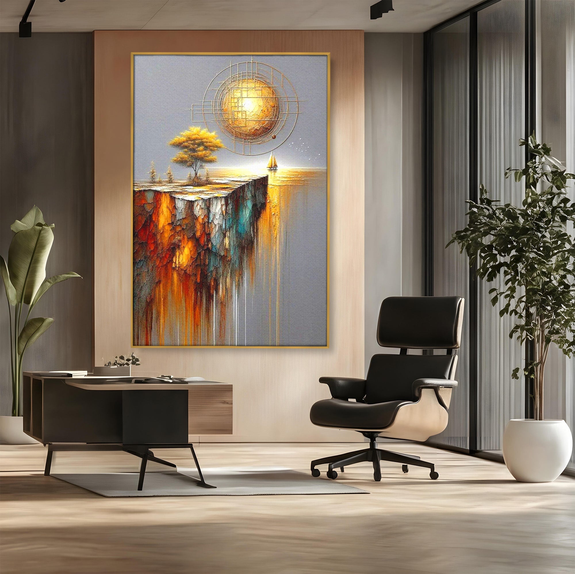 Tablou Canvas Premium LuxCanva® PI1381, Dincolo de Orizont, Apus, Stanca, Copac, Taram, Abstract, Culori Vibrante, Living, Dormitor