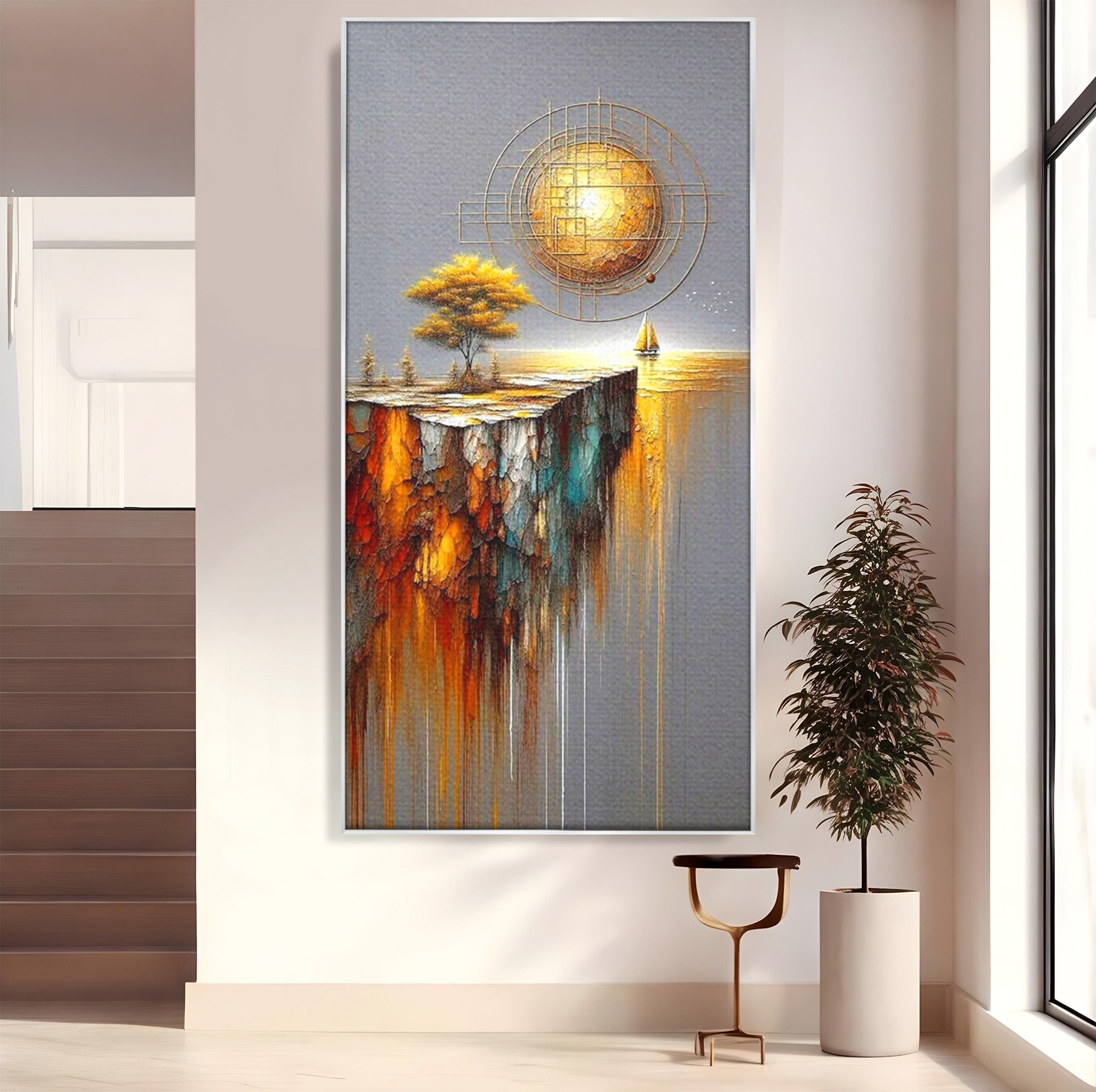 Tablou Canvas Premium LuxCanva® PI1381, Dincolo de Orizont, Apus, Stanca, Copac, Taram, Abstract, Culori Vibrante, Living, Dormitor