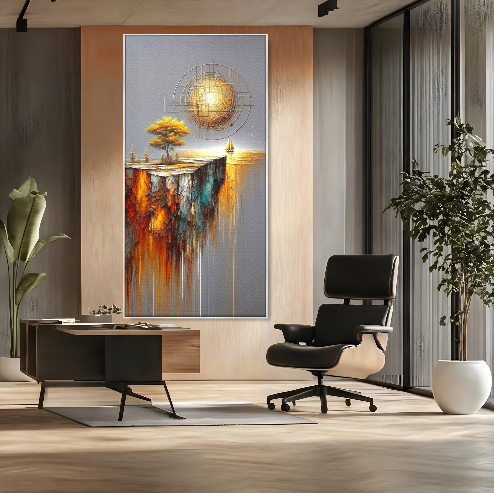 Tablou Canvas Premium LuxCanva® PI1381, Dincolo de Orizont, Apus, Stanca, Copac, Taram, Abstract, Culori Vibrante, Living, Dormitor