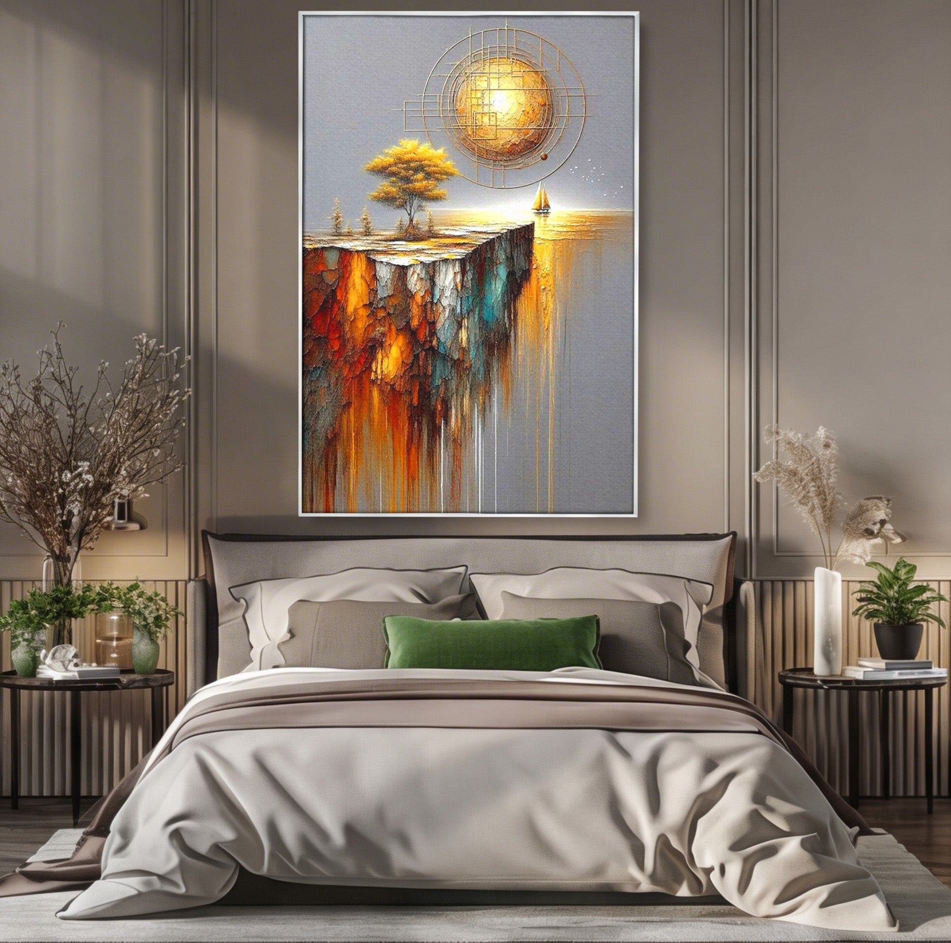 Tablou Canvas Premium LuxCanva® PI1381, Dincolo de Orizont, Apus, Stanca, Copac, Taram, Abstract, Culori Vibrante, Living, Dormitor