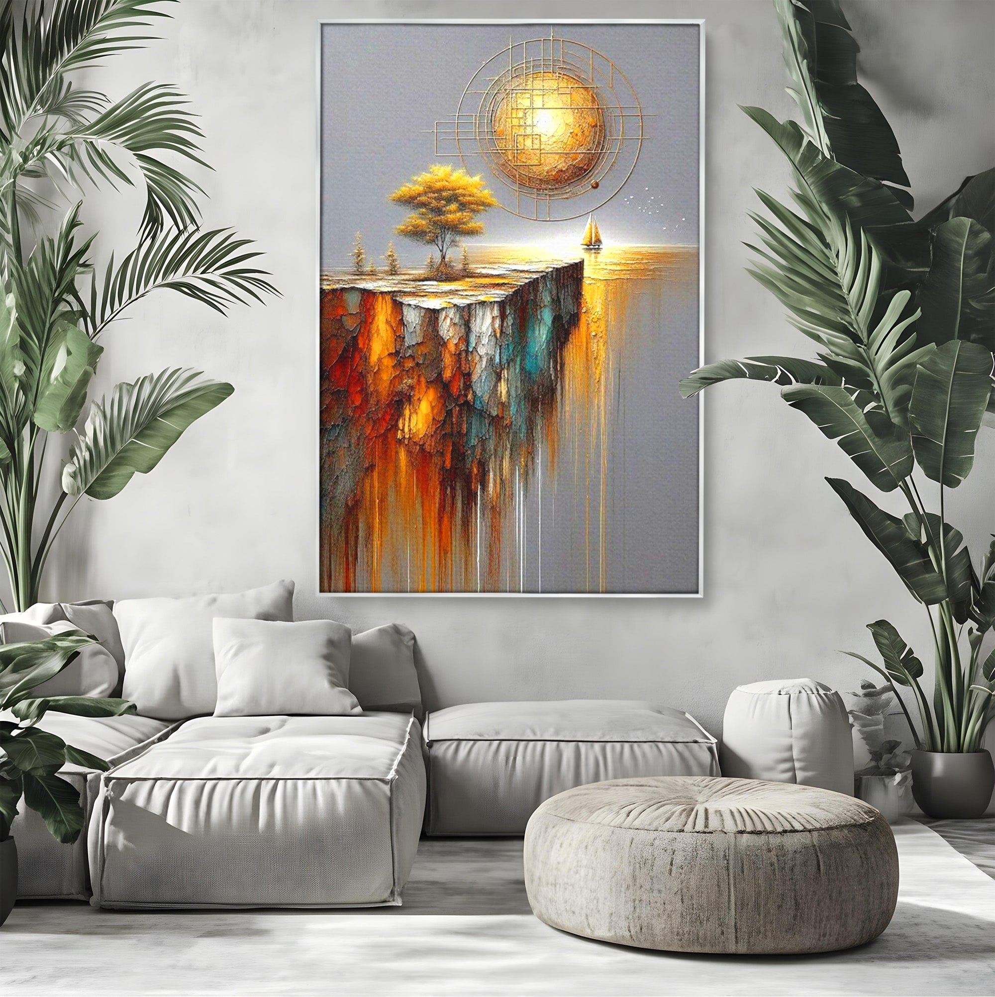 Tablou Canvas Premium LuxCanva® PI1381, Dincolo de Orizont, Apus, Stanca, Copac, Taram, Abstract, Culori Vibrante, Living, Dormitor
