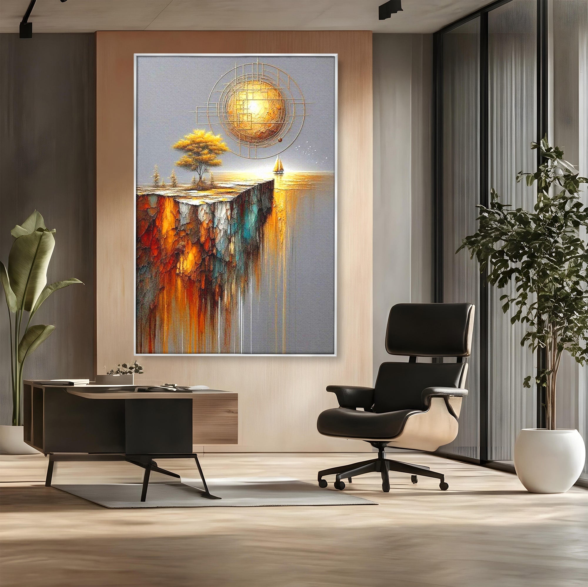 Tablou Canvas Premium LuxCanva® PI1381, Dincolo de Orizont, Apus, Stanca, Copac, Taram, Abstract, Culori Vibrante, Living, Dormitor