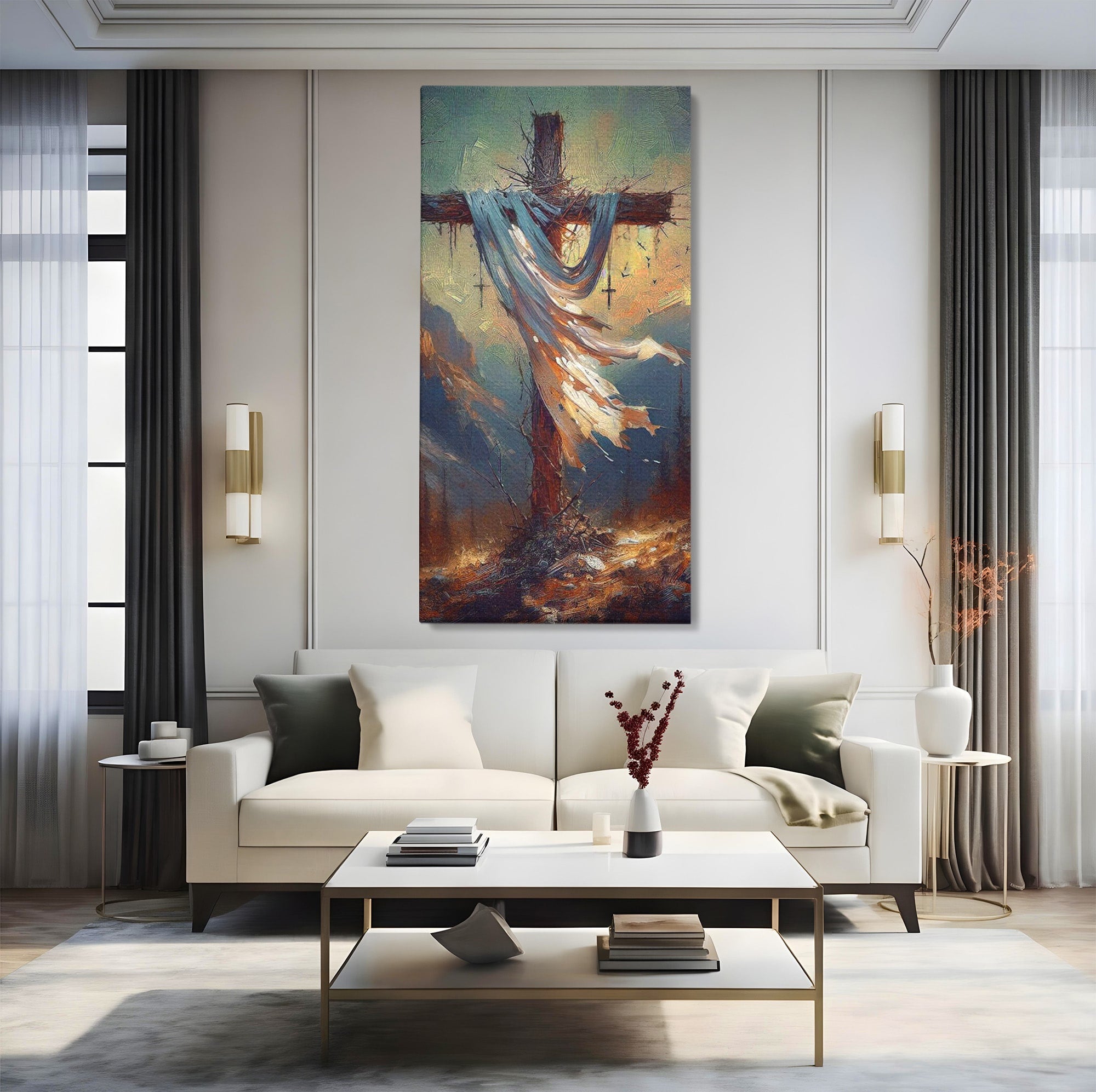 Tablou Canvas Premium LuxCanva® PI1382, Crucea Mantuirii, Crucifix, Hristos, Mantuire, Religie, Jertfa, Culori Vibrante, Living, Dormitor