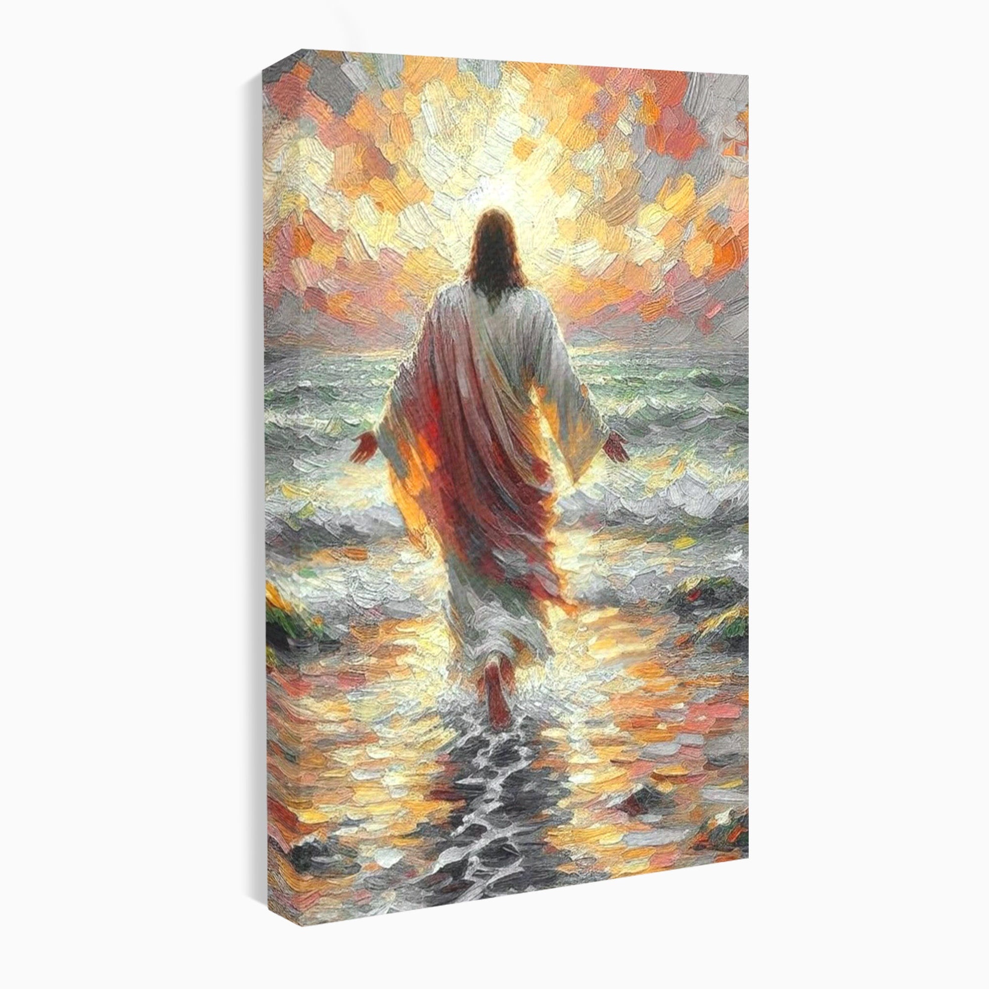 Tablou Canvas Premium LuxCanva® PI1383, Iisus Pe Mare, Hristos, Religie, Mare, Apus, Culori Vibrante, Living, Dormitor