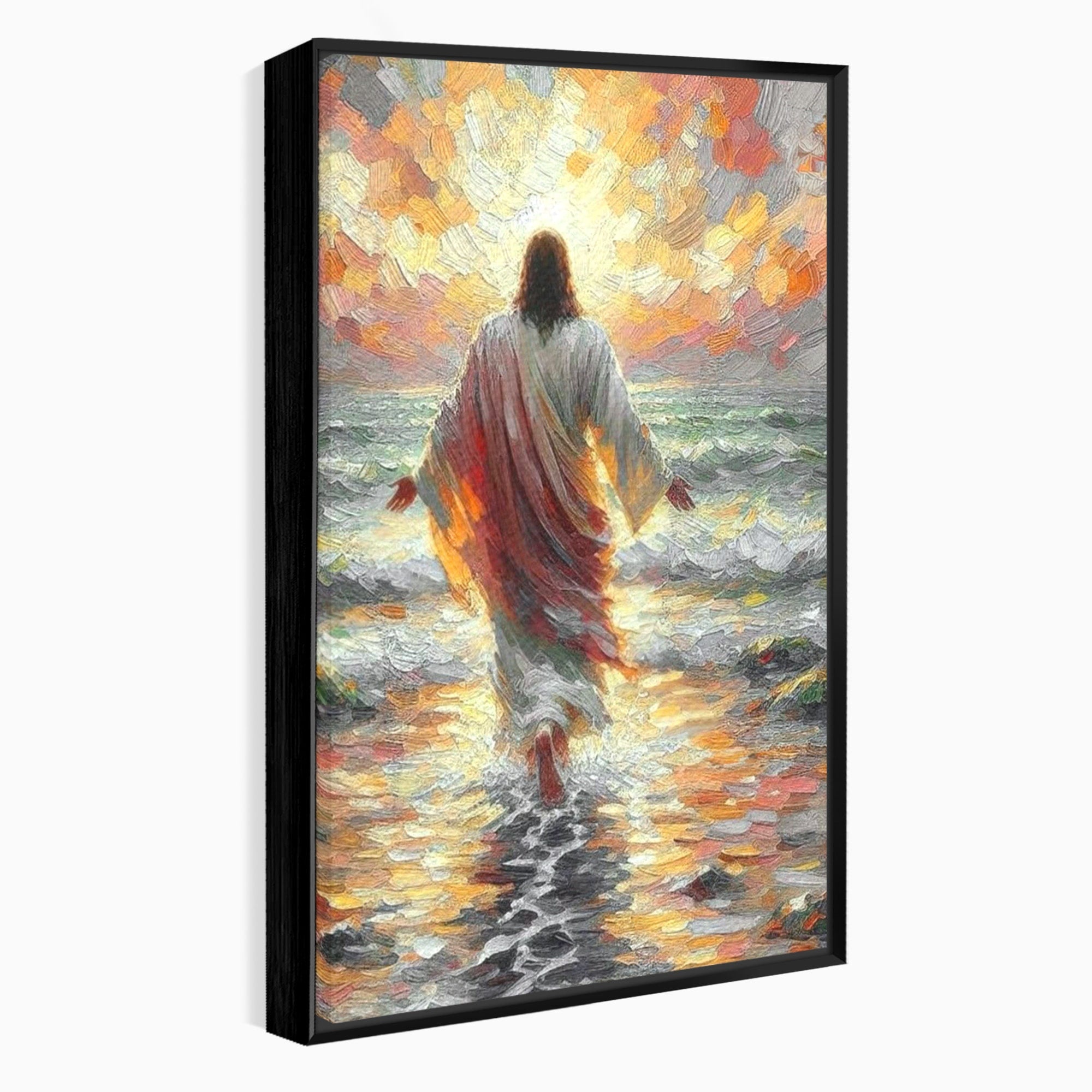 Tablou Canvas Premium LuxCanva® PI1383, Iisus Pe Mare, Hristos, Religie, Mare, Apus, Culori Vibrante, Living, Dormitor