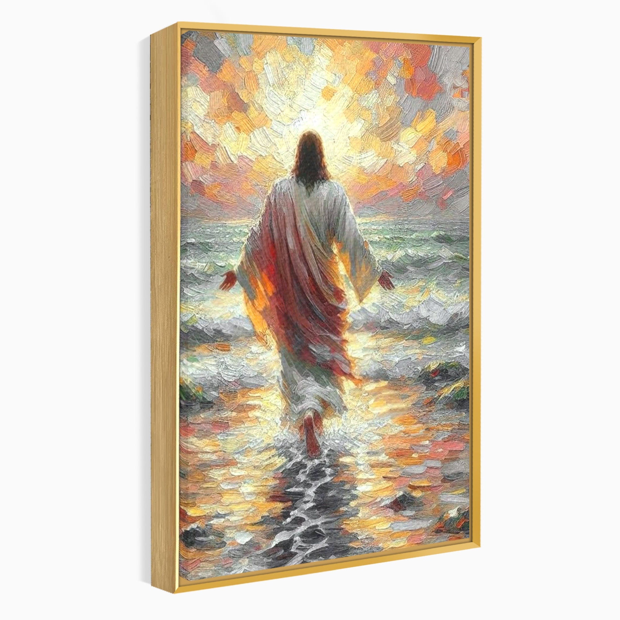 Tablou Canvas Premium LuxCanva® PI1383, Iisus Pe Mare, Hristos, Religie, Mare, Apus, Culori Vibrante, Living, Dormitor