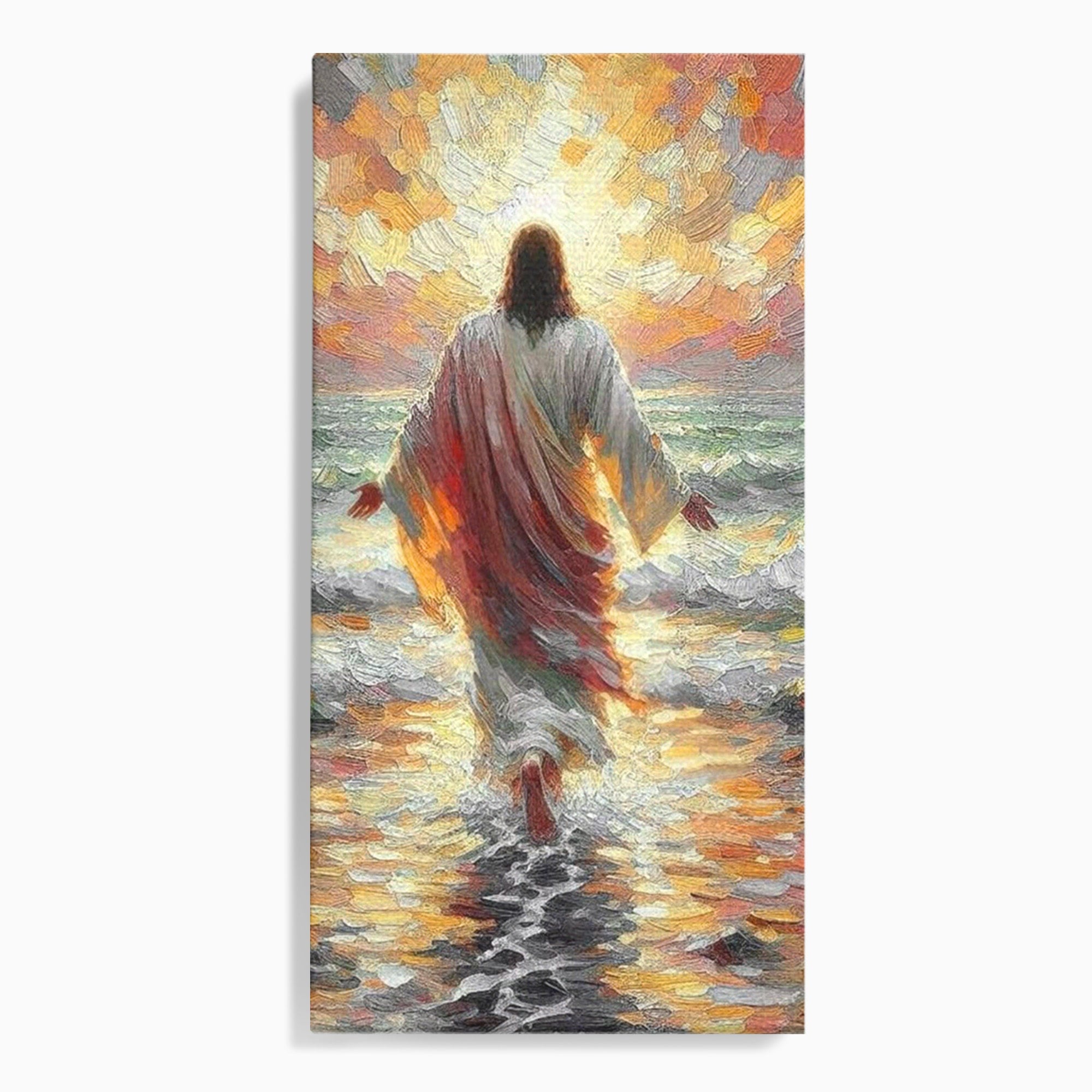 Tablou Canvas Premium LuxCanva® PI1383, Iisus Pe Mare, Hristos, Religie, Mare, Apus, Culori Vibrante, Living, Dormitor