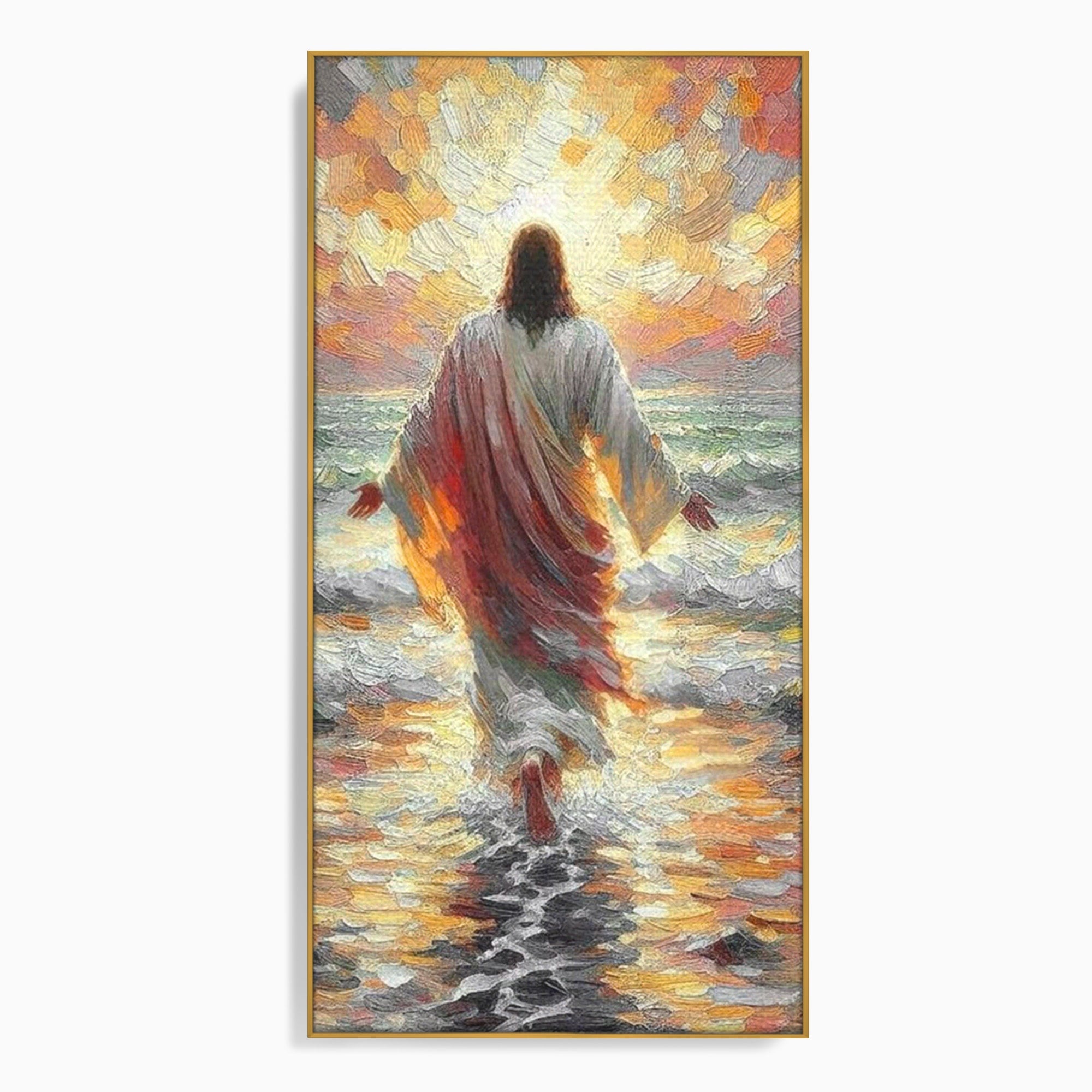 Tablou Canvas Premium LuxCanva® PI1383, Iisus Pe Mare, Hristos, Religie, Mare, Apus, Culori Vibrante, Living, Dormitor