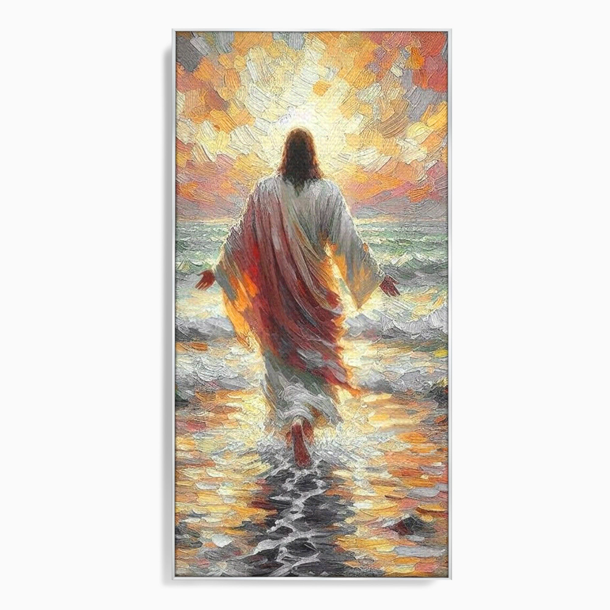Tablou Canvas Premium LuxCanva® PI1383, Iisus Pe Mare, Hristos, Religie, Mare, Apus, Culori Vibrante, Living, Dormitor