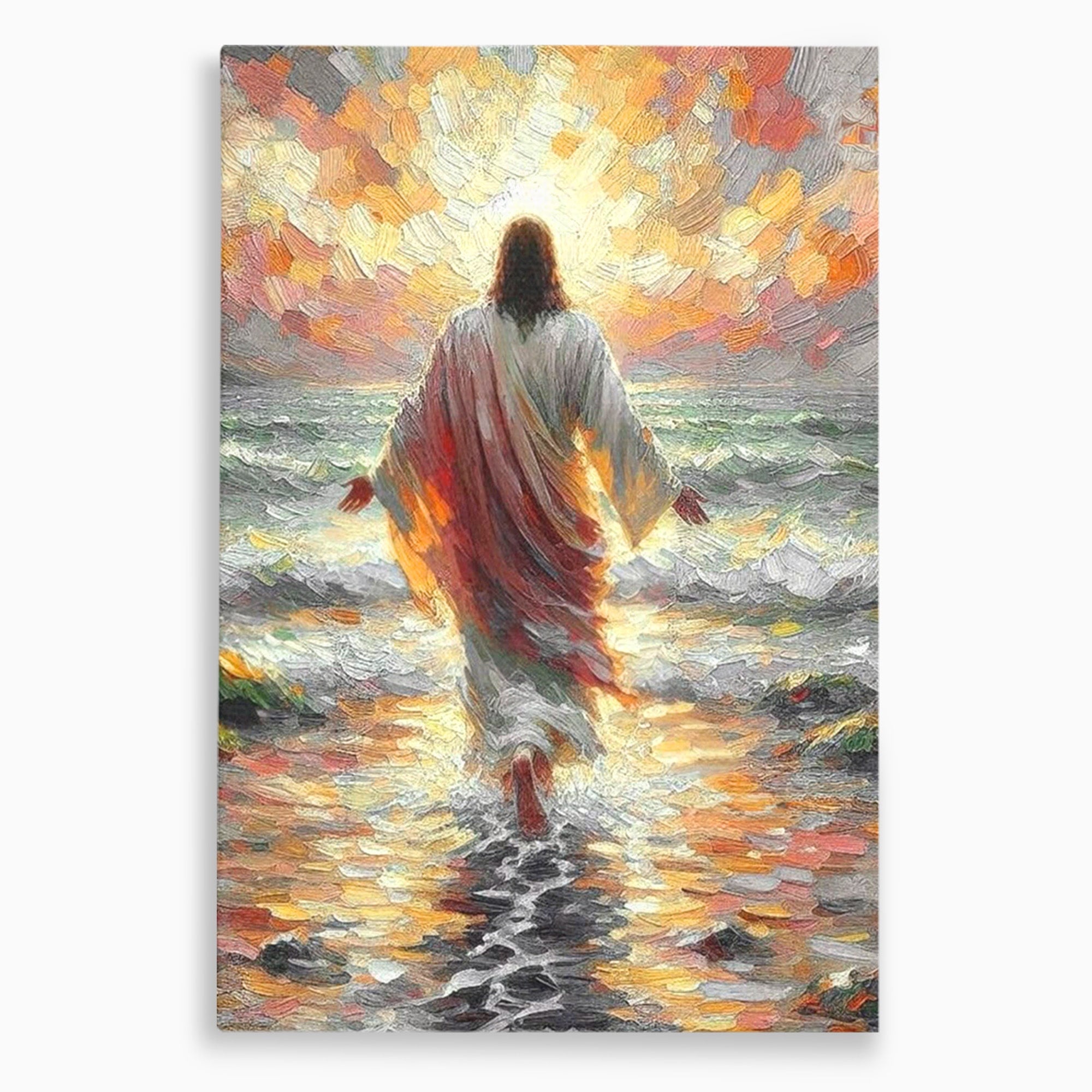 Tablou Canvas Premium LuxCanva® PI1383, Iisus Pe Mare, Hristos, Religie, Mare, Apus, Culori Vibrante, Living, Dormitor