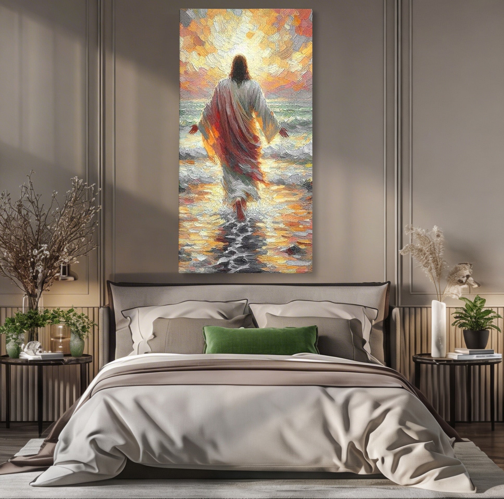 Tablou Canvas Premium LuxCanva® PI1383, Iisus Pe Mare, Hristos, Religie, Mare, Apus, Culori Vibrante, Living, Dormitor