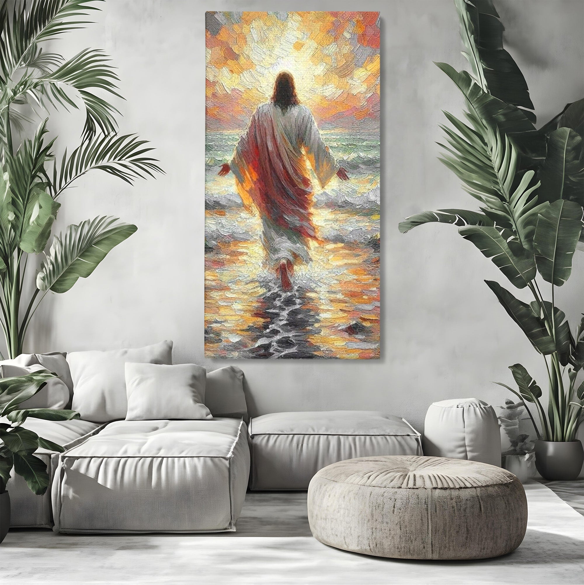 Tablou Canvas Premium LuxCanva® PI1383, Iisus Pe Mare, Hristos, Religie, Mare, Apus, Culori Vibrante, Living, Dormitor