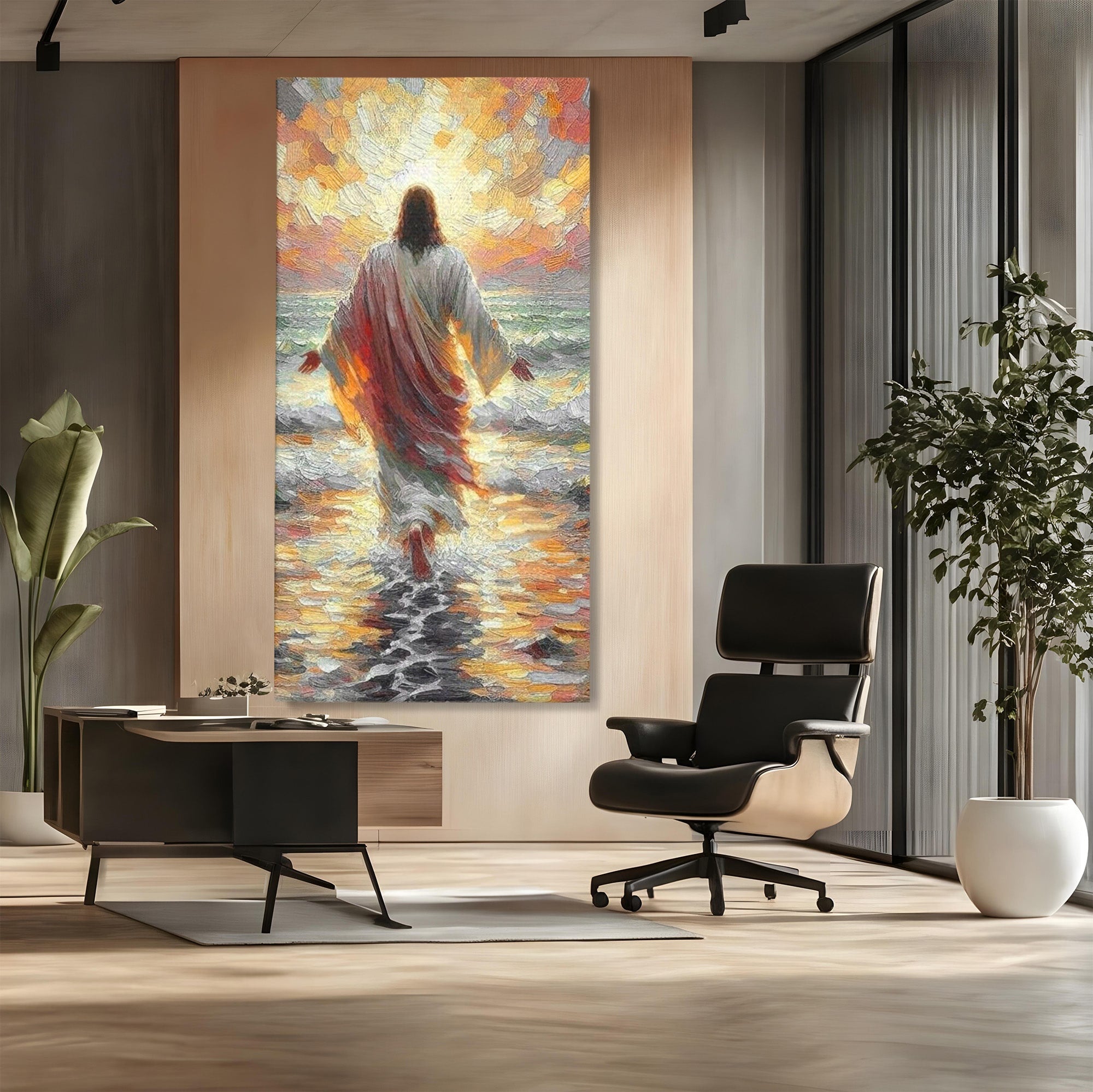 Tablou Canvas Premium LuxCanva® PI1383, Iisus Pe Mare, Hristos, Religie, Mare, Apus, Culori Vibrante, Living, Dormitor