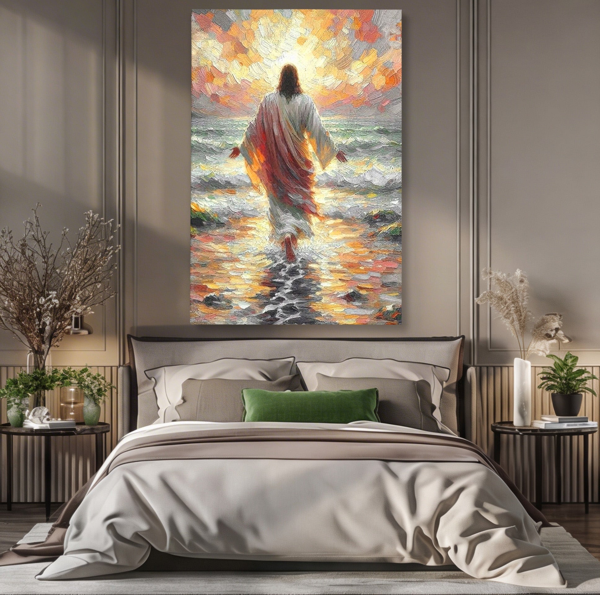 Tablou Canvas Premium LuxCanva® PI1383, Iisus Pe Mare, Hristos, Religie, Mare, Apus, Culori Vibrante, Living, Dormitor