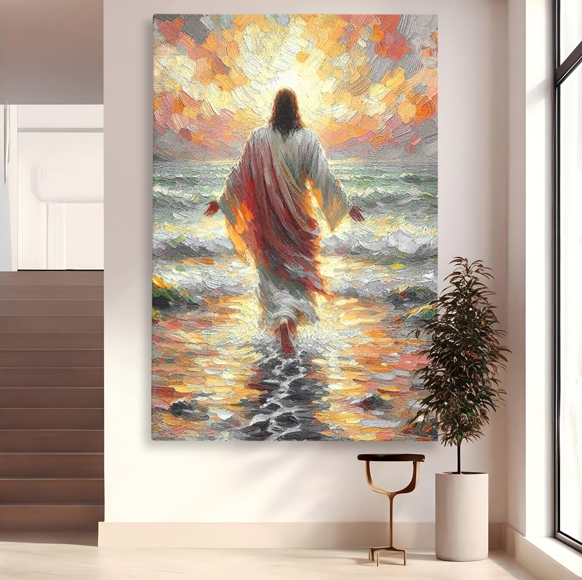 Tablou Canvas Premium LuxCanva® PI1383, Iisus Pe Mare, Hristos, Religie, Mare, Apus, Culori Vibrante, Living, Dormitor