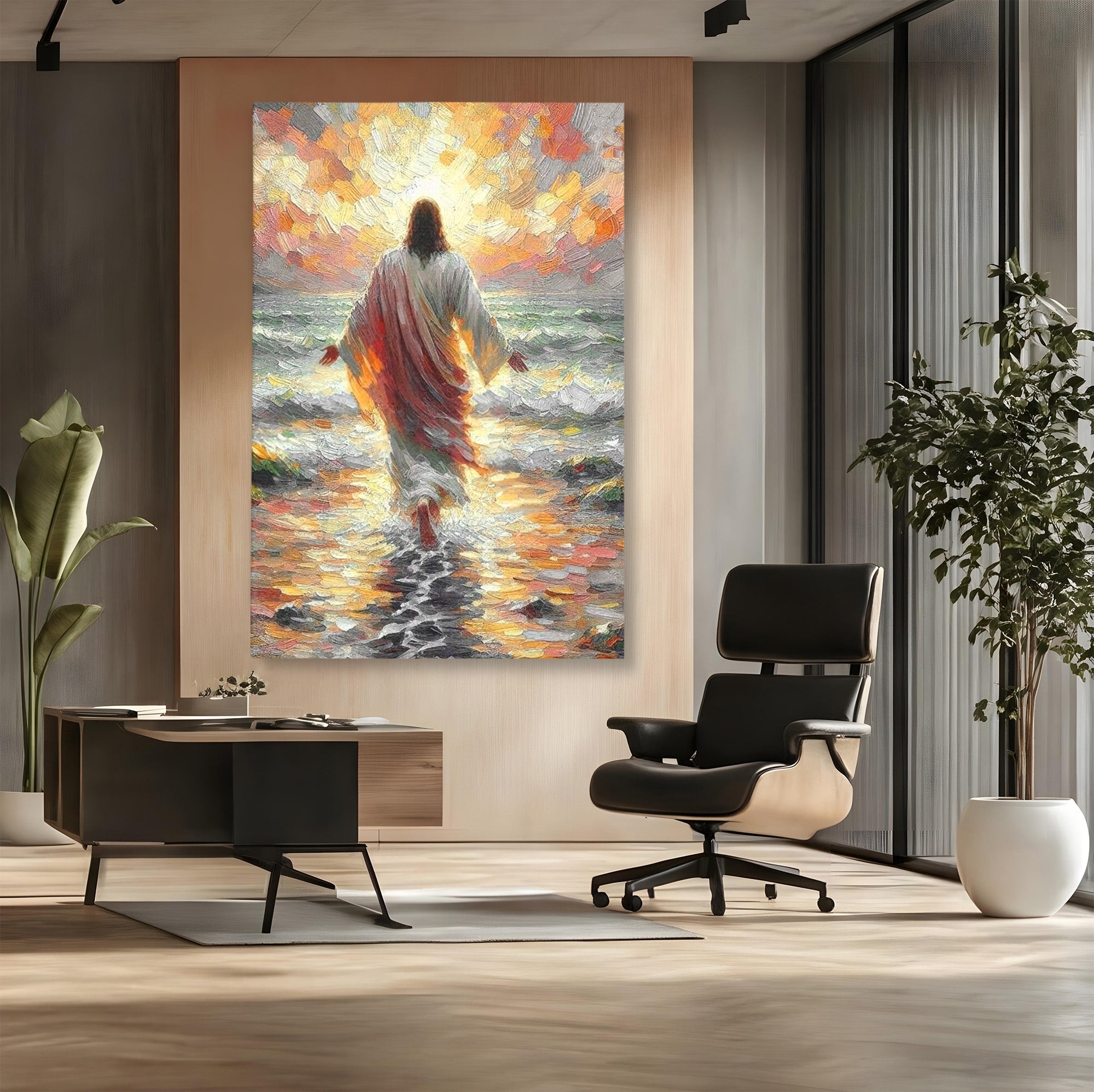 Tablou Canvas Premium LuxCanva® PI1383, Iisus Pe Mare, Hristos, Religie, Mare, Apus, Culori Vibrante, Living, Dormitor