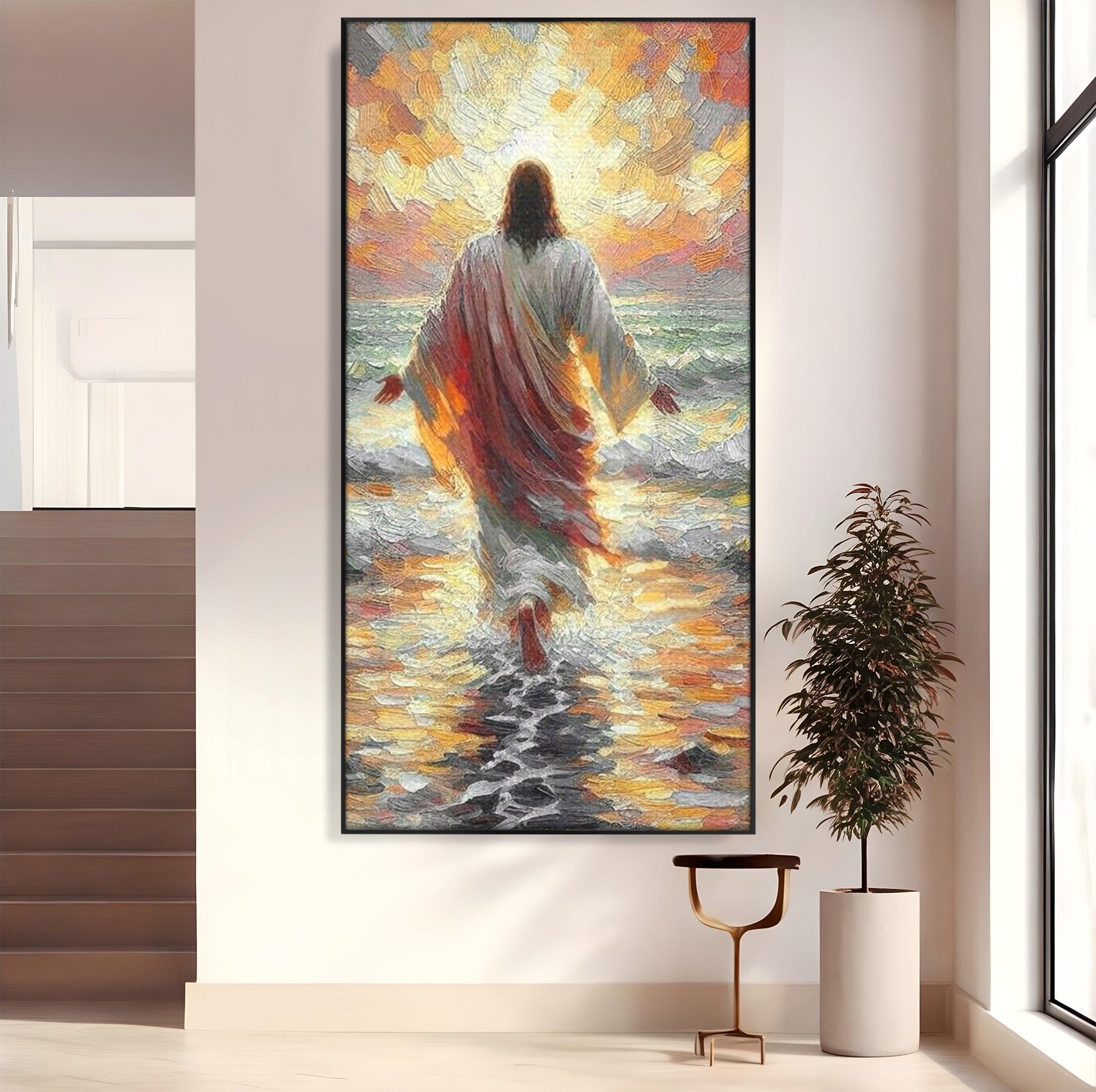 Tablou Canvas Premium LuxCanva® PI1383, Iisus Pe Mare, Hristos, Religie, Mare, Apus, Culori Vibrante, Living, Dormitor