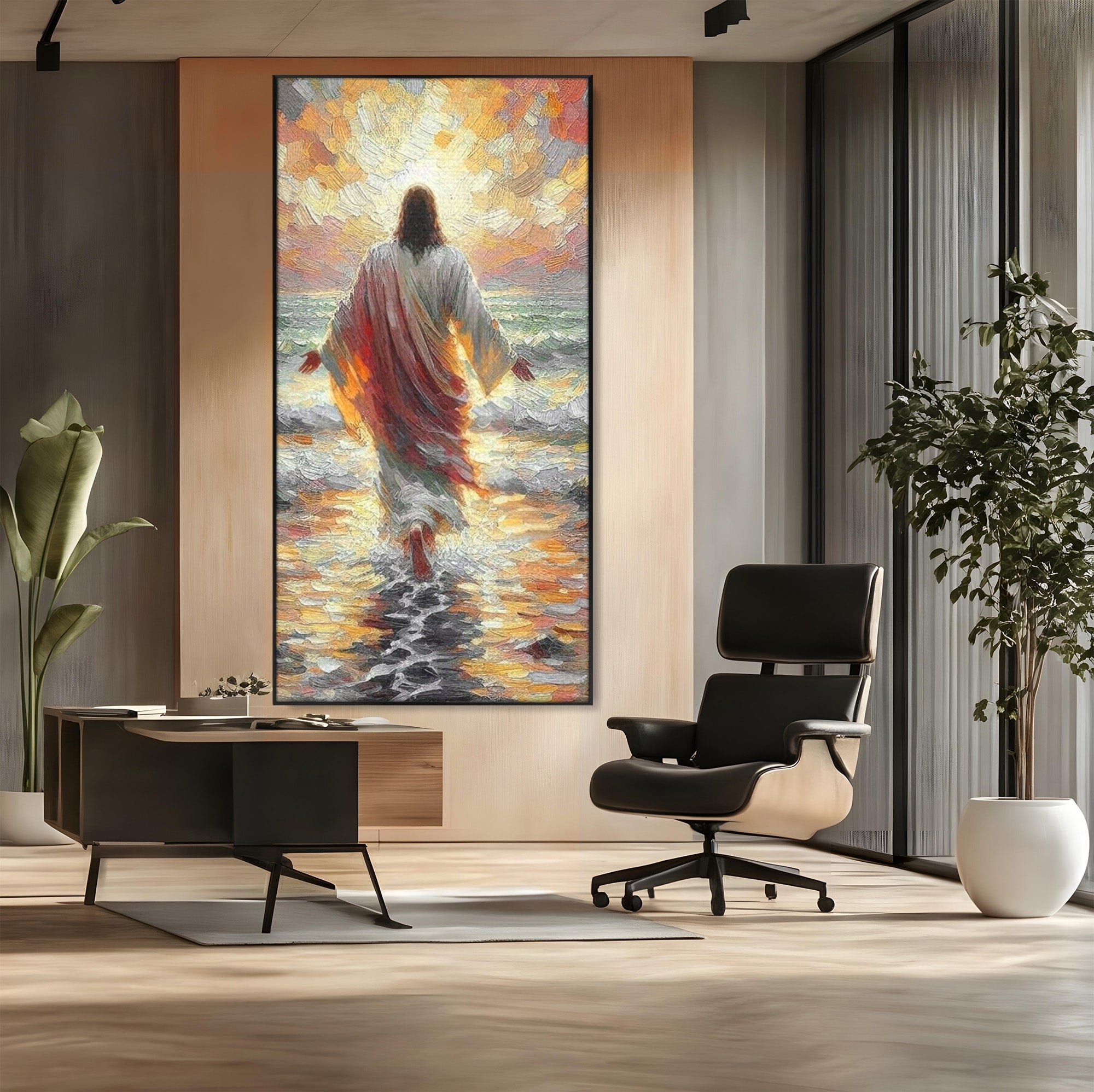 Tablou Canvas Premium LuxCanva® PI1383, Iisus Pe Mare, Hristos, Religie, Mare, Apus, Culori Vibrante, Living, Dormitor