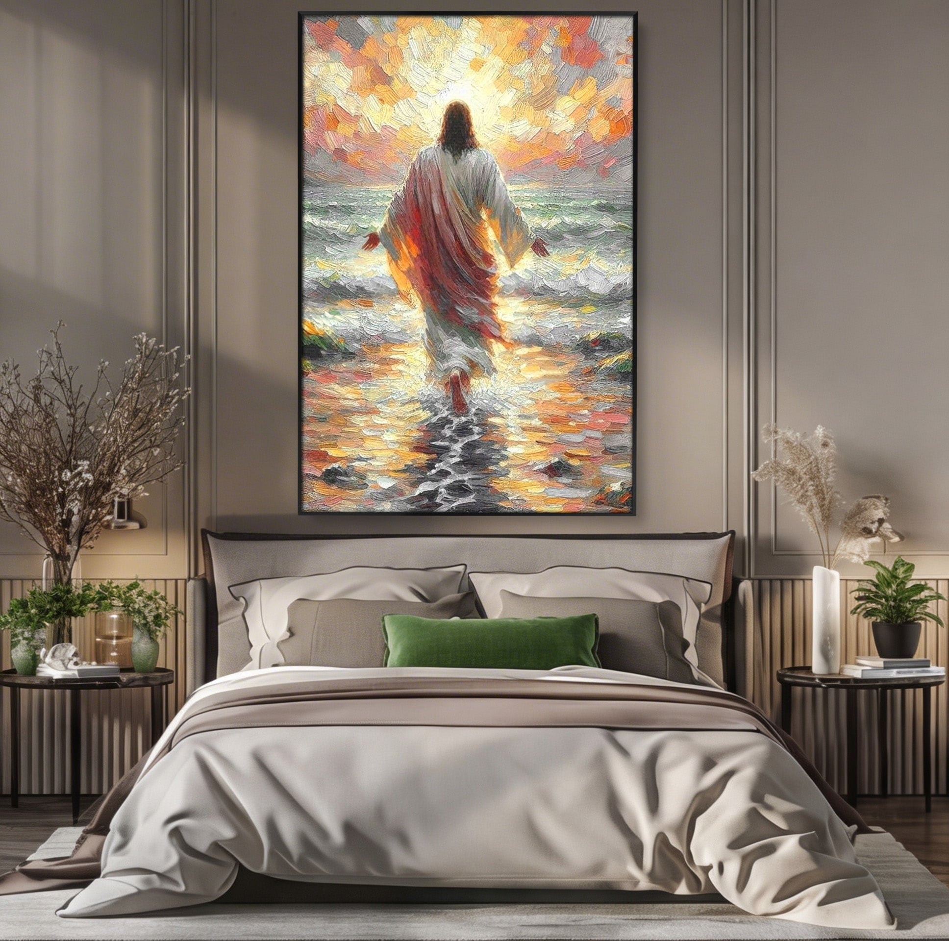 Tablou Canvas Premium LuxCanva® PI1383, Iisus Pe Mare, Hristos, Religie, Mare, Apus, Culori Vibrante, Living, Dormitor