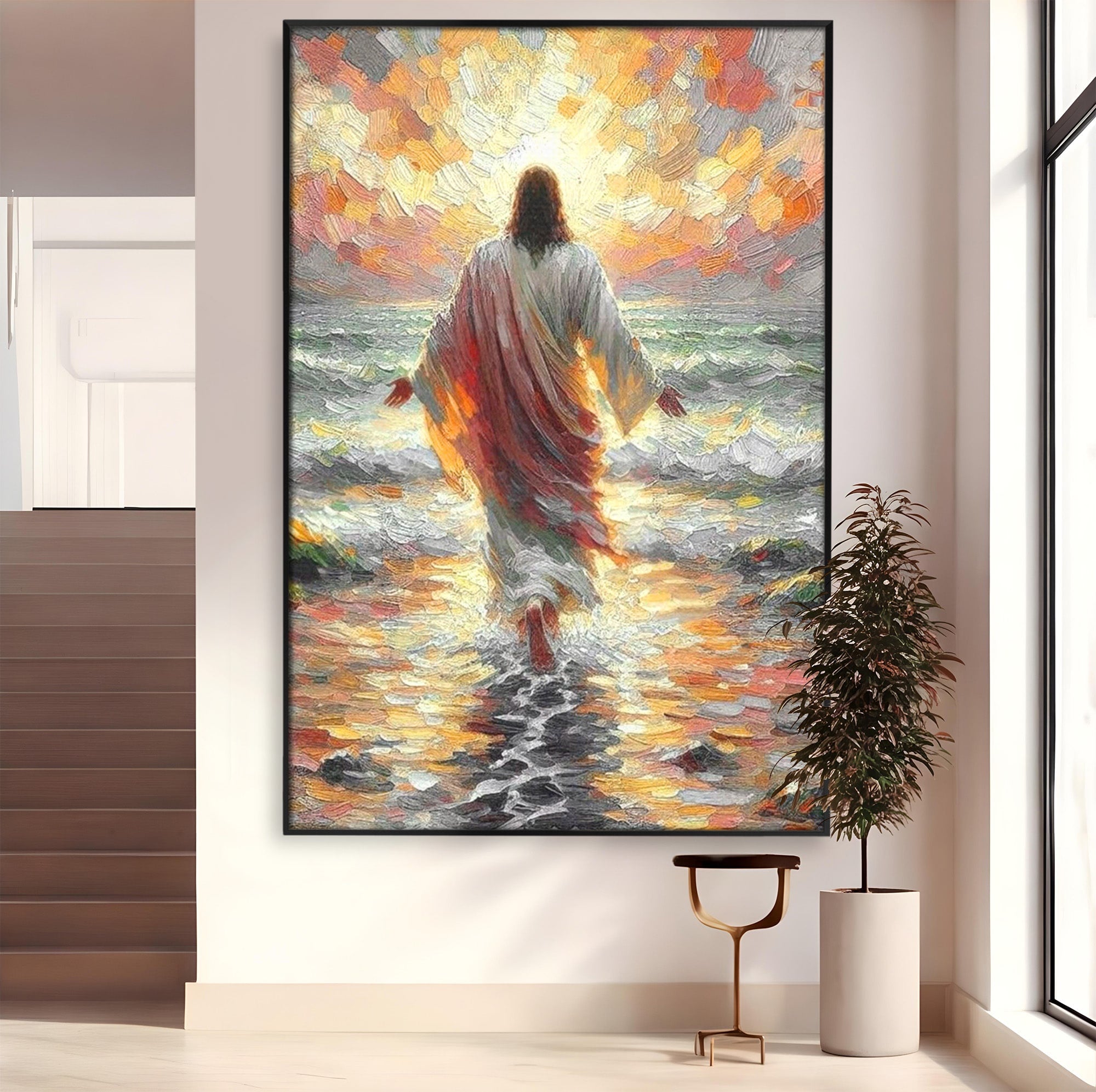 Tablou Canvas Premium LuxCanva® PI1383, Iisus Pe Mare, Hristos, Religie, Mare, Apus, Culori Vibrante, Living, Dormitor