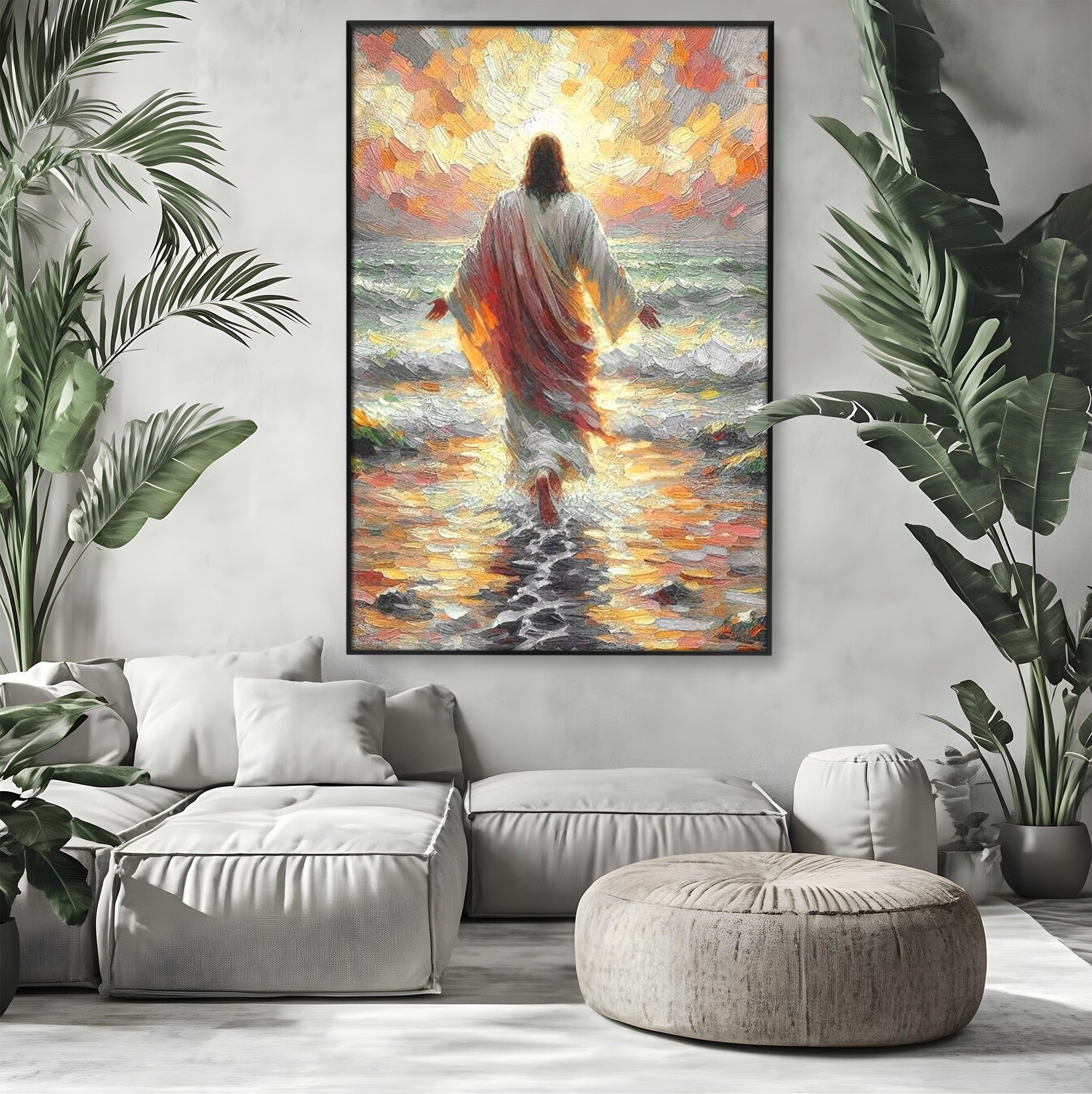 Tablou Canvas Premium LuxCanva® PI1383, Iisus Pe Mare, Hristos, Religie, Mare, Apus, Culori Vibrante, Living, Dormitor
