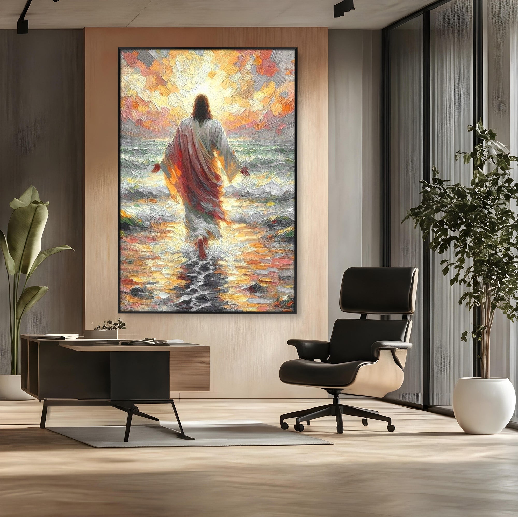 Tablou Canvas Premium LuxCanva® PI1383, Iisus Pe Mare, Hristos, Religie, Mare, Apus, Culori Vibrante, Living, Dormitor