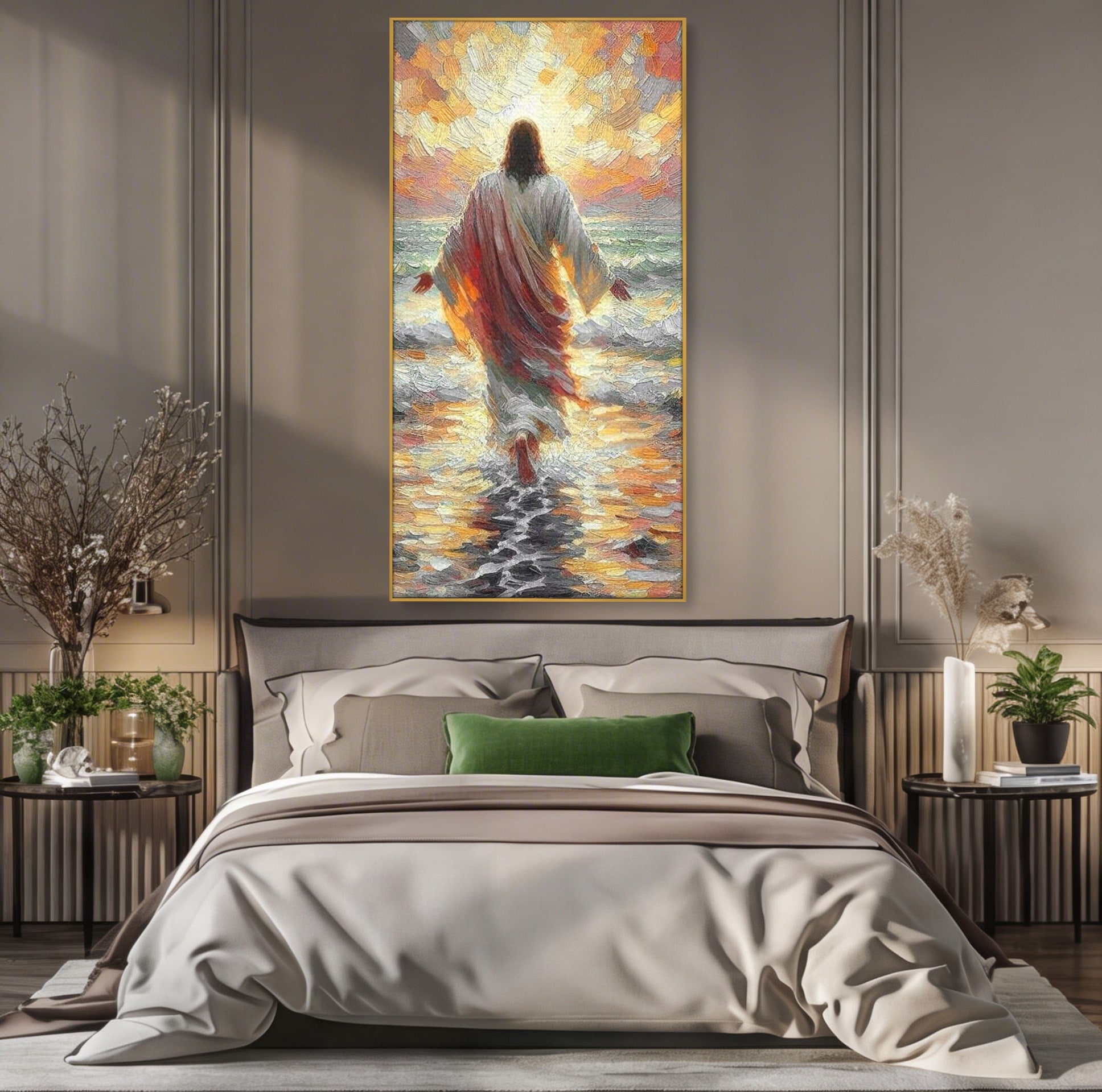 Tablou Canvas Premium LuxCanva® PI1383, Iisus Pe Mare, Hristos, Religie, Mare, Apus, Culori Vibrante, Living, Dormitor