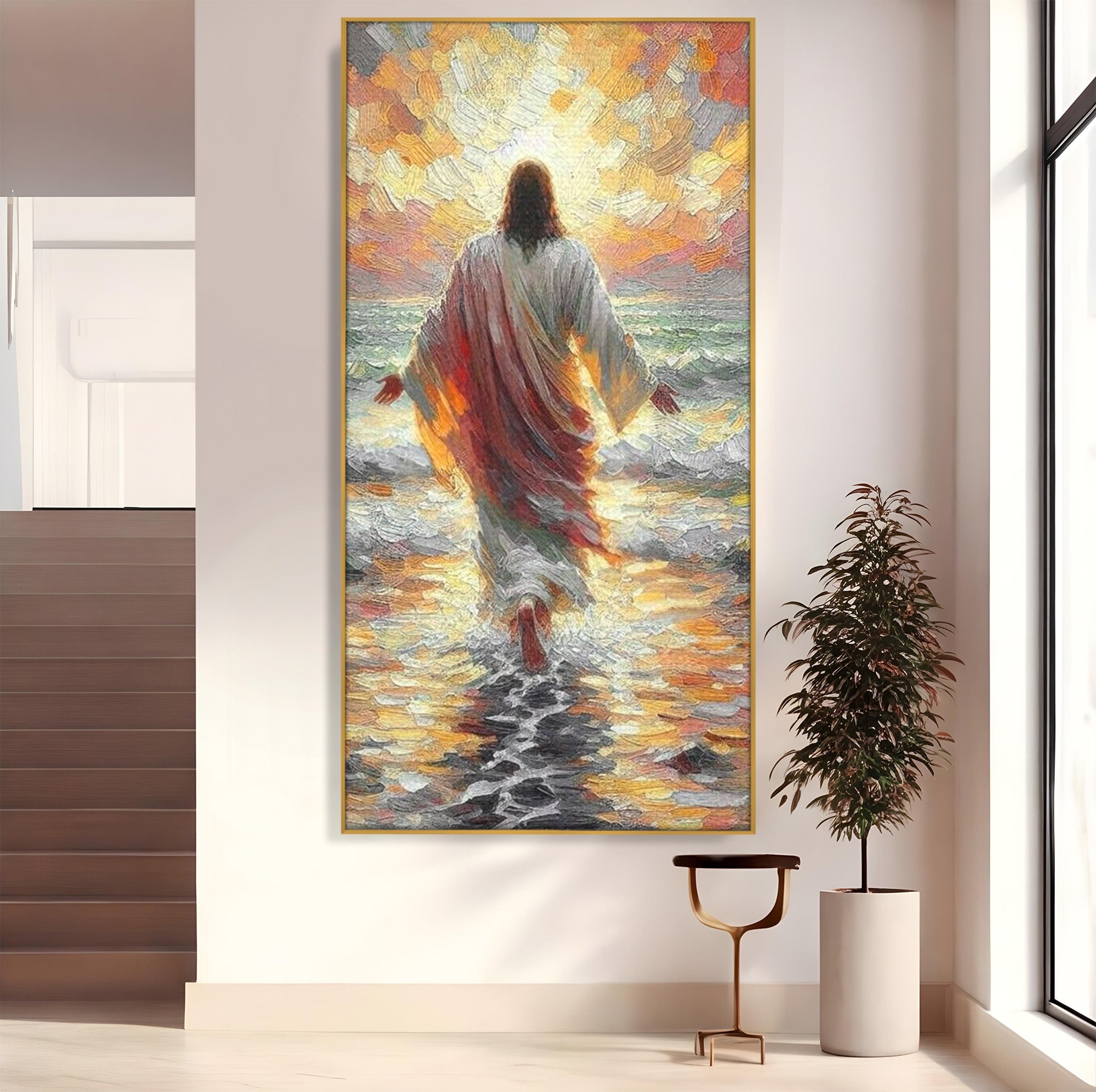 Tablou Canvas Premium LuxCanva® PI1383, Iisus Pe Mare, Hristos, Religie, Mare, Apus, Culori Vibrante, Living, Dormitor