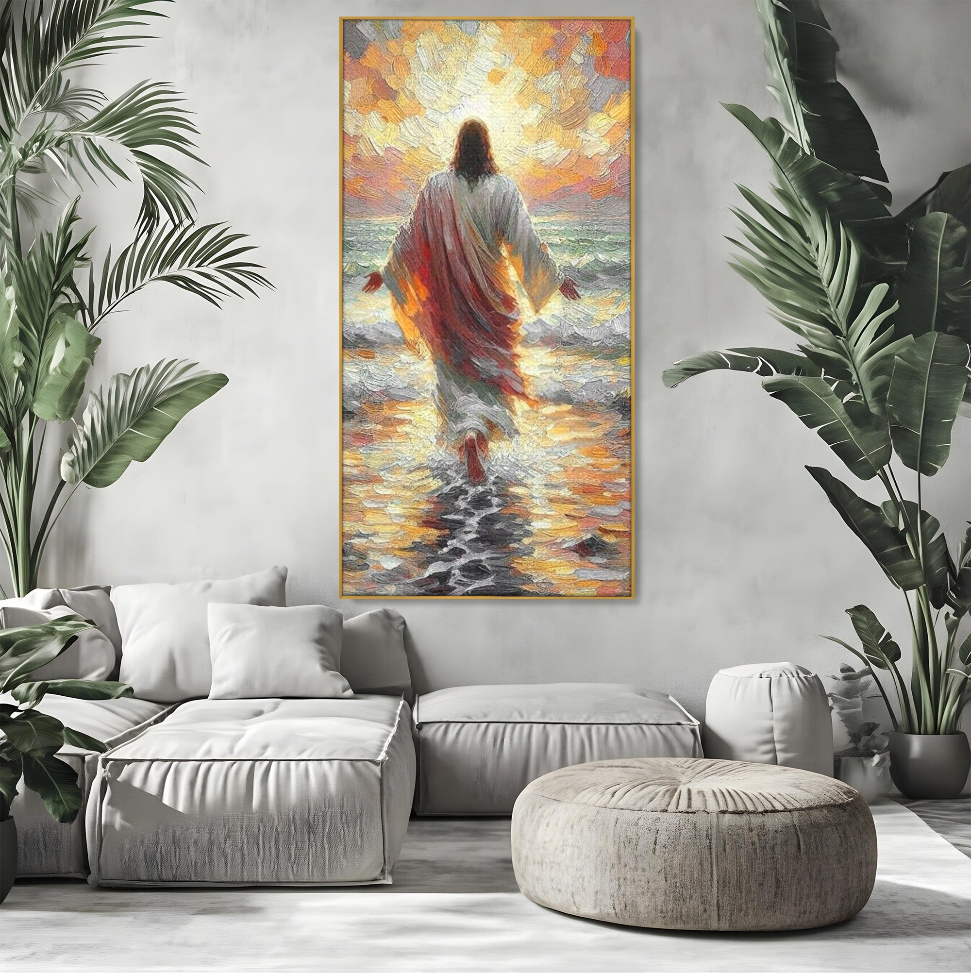 Tablou Canvas Premium LuxCanva® PI1383, Iisus Pe Mare, Hristos, Religie, Mare, Apus, Culori Vibrante, Living, Dormitor