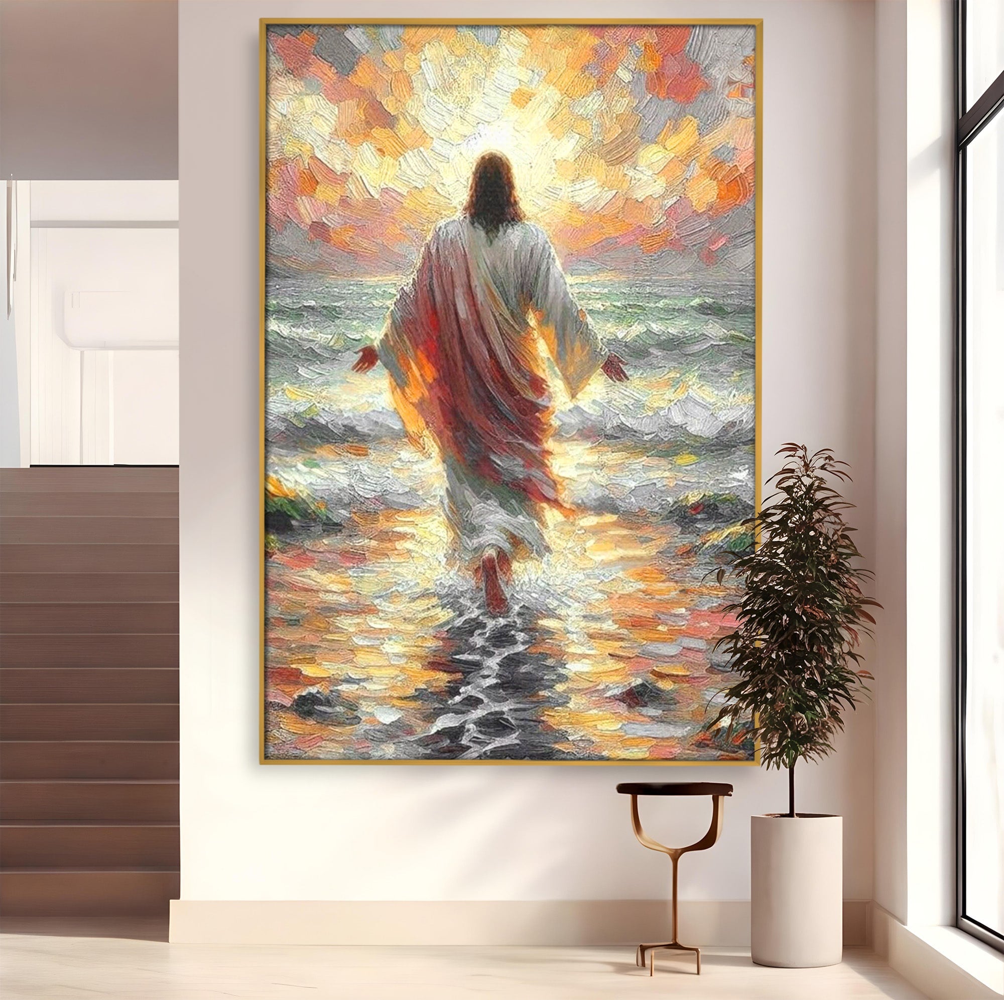 Tablou Canvas Premium LuxCanva® PI1383, Iisus Pe Mare, Hristos, Religie, Mare, Apus, Culori Vibrante, Living, Dormitor