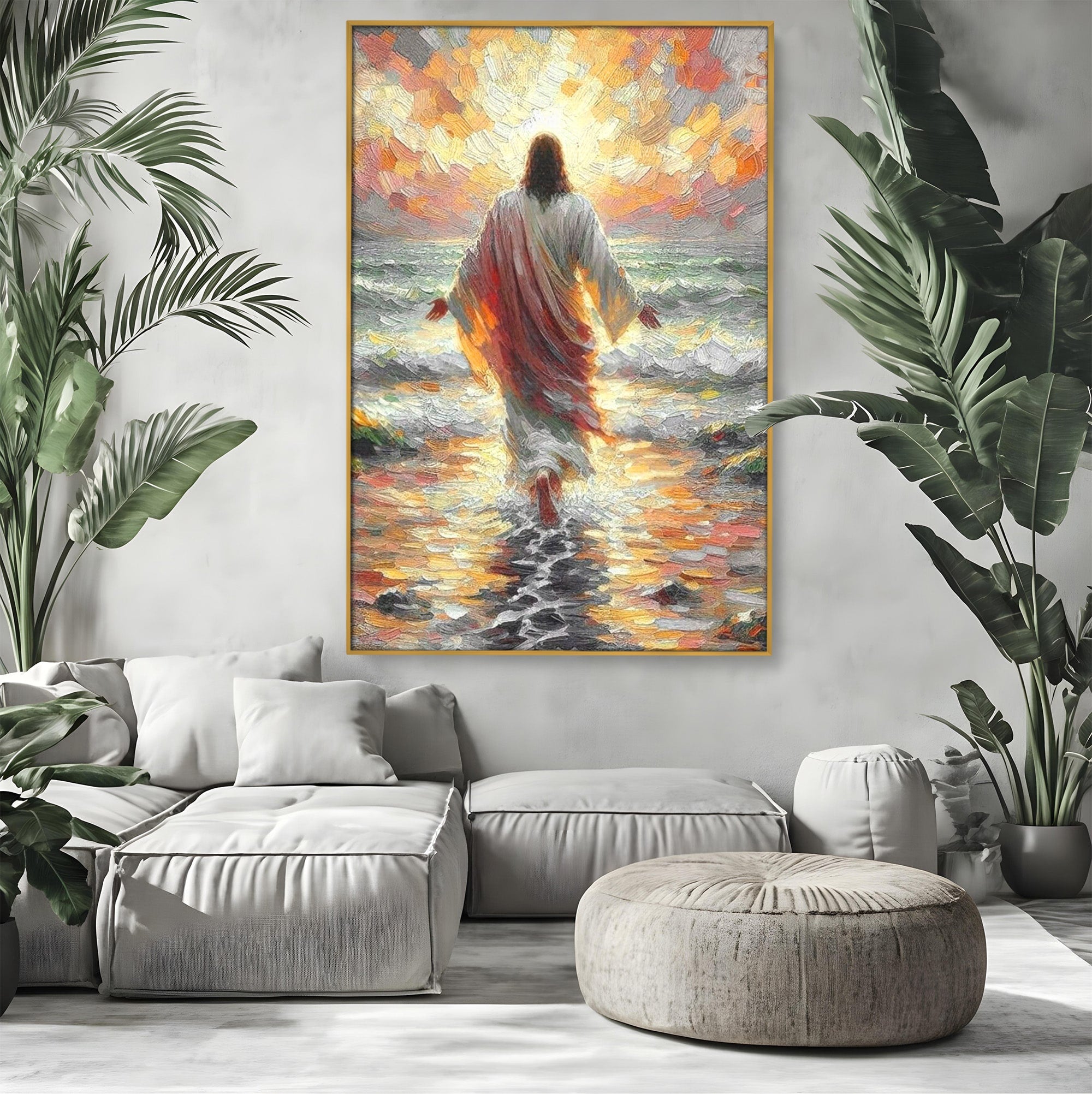 Tablou Canvas Premium LuxCanva® PI1383, Iisus Pe Mare, Hristos, Religie, Mare, Apus, Culori Vibrante, Living, Dormitor