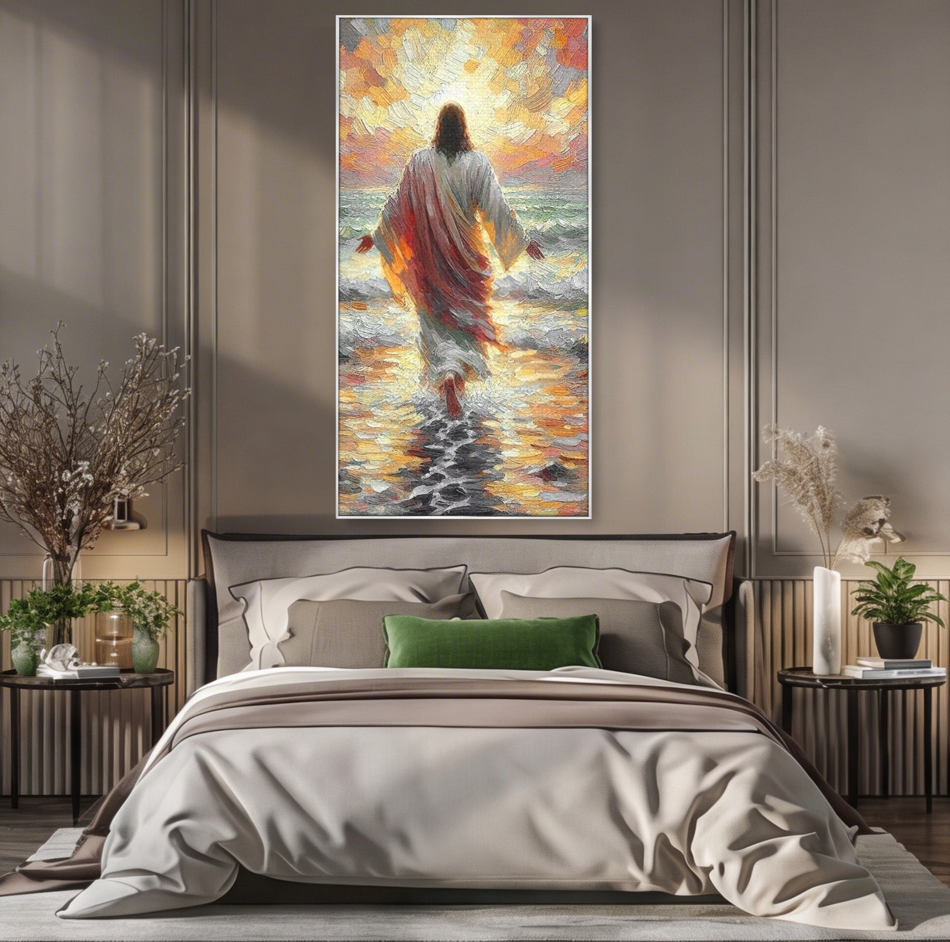 Tablou Canvas Premium LuxCanva® PI1383, Iisus Pe Mare, Hristos, Religie, Mare, Apus, Culori Vibrante, Living, Dormitor