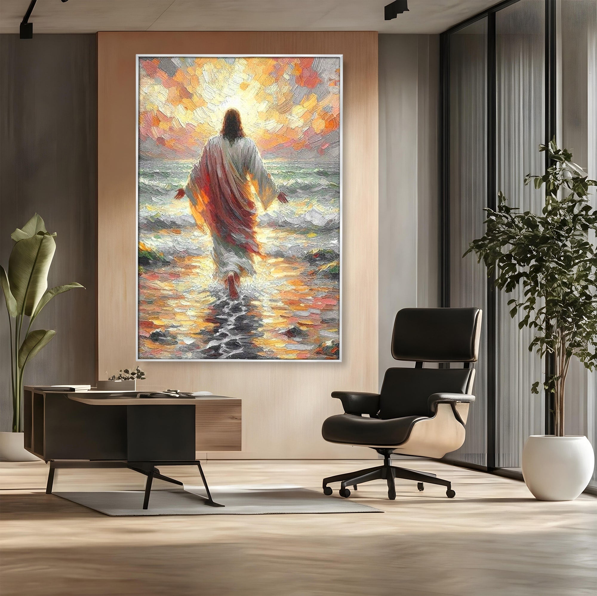 Tablou Canvas Premium LuxCanva® PI1383, Iisus Pe Mare, Hristos, Religie, Mare, Apus, Culori Vibrante, Living, Dormitor
