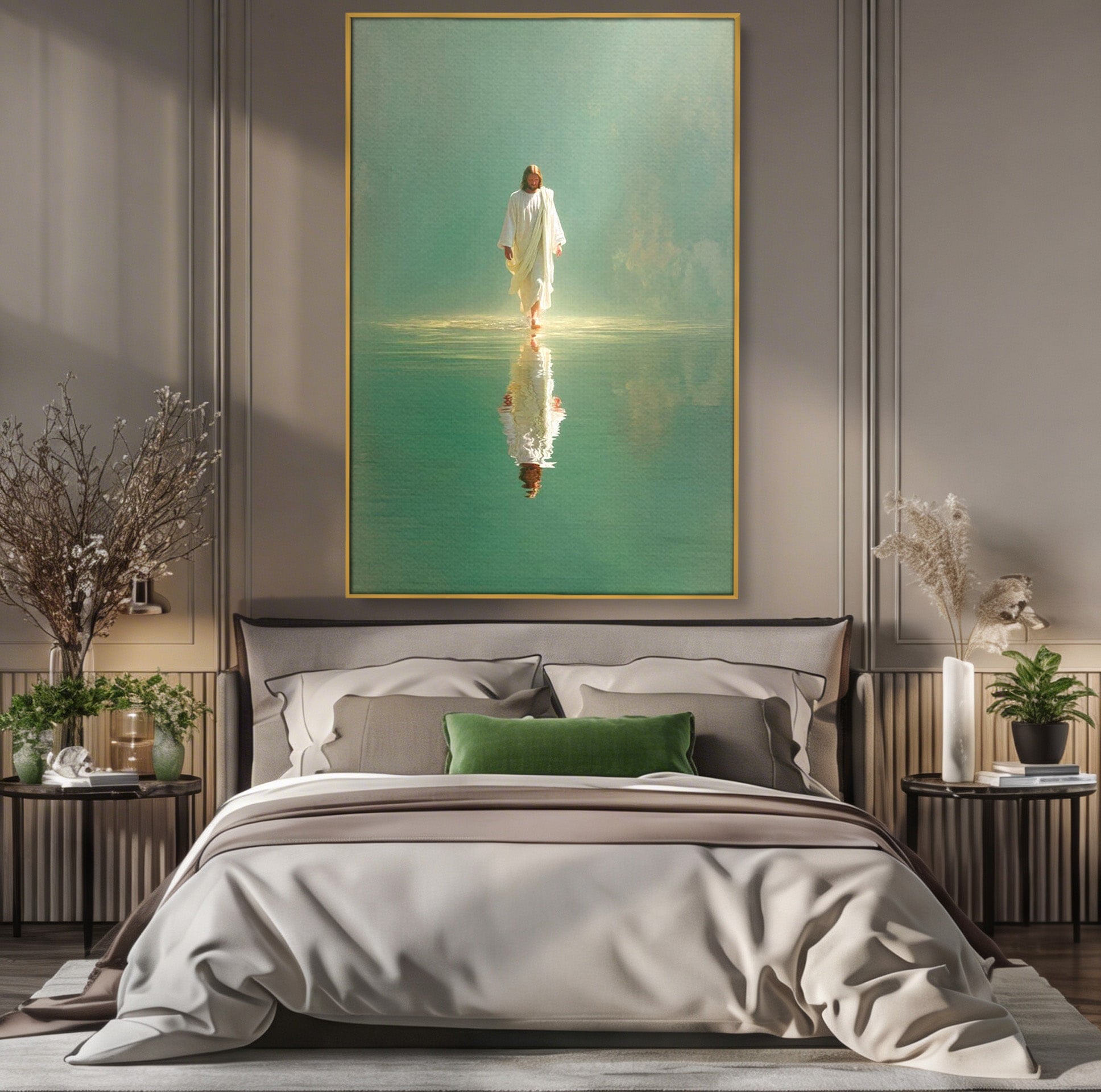 Tablou Canvas Premium LuxCanva® PI1385, Mantuitorul Pe Apa, Religie, Spiritualitate, Apa, Meditatie, Culori Vibrante, Living, Dormitor