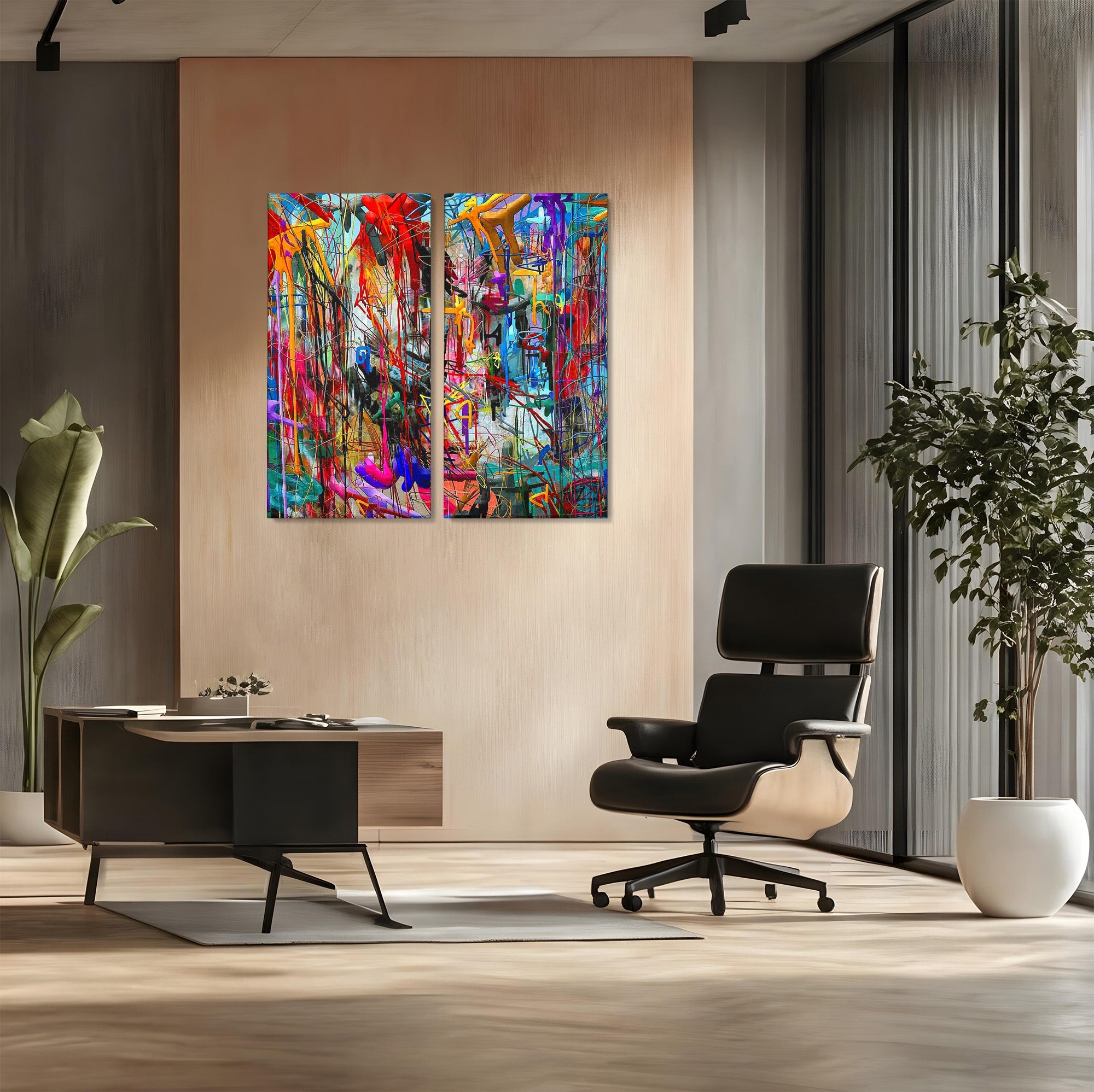 Tablou Canvas Premium LuxCanva® PI1387, Vibratii Abstracte, Set 2 Tablouri, Abstract, Arta Moderna, Creativitate, Energetic, Culori Vibrante, Living