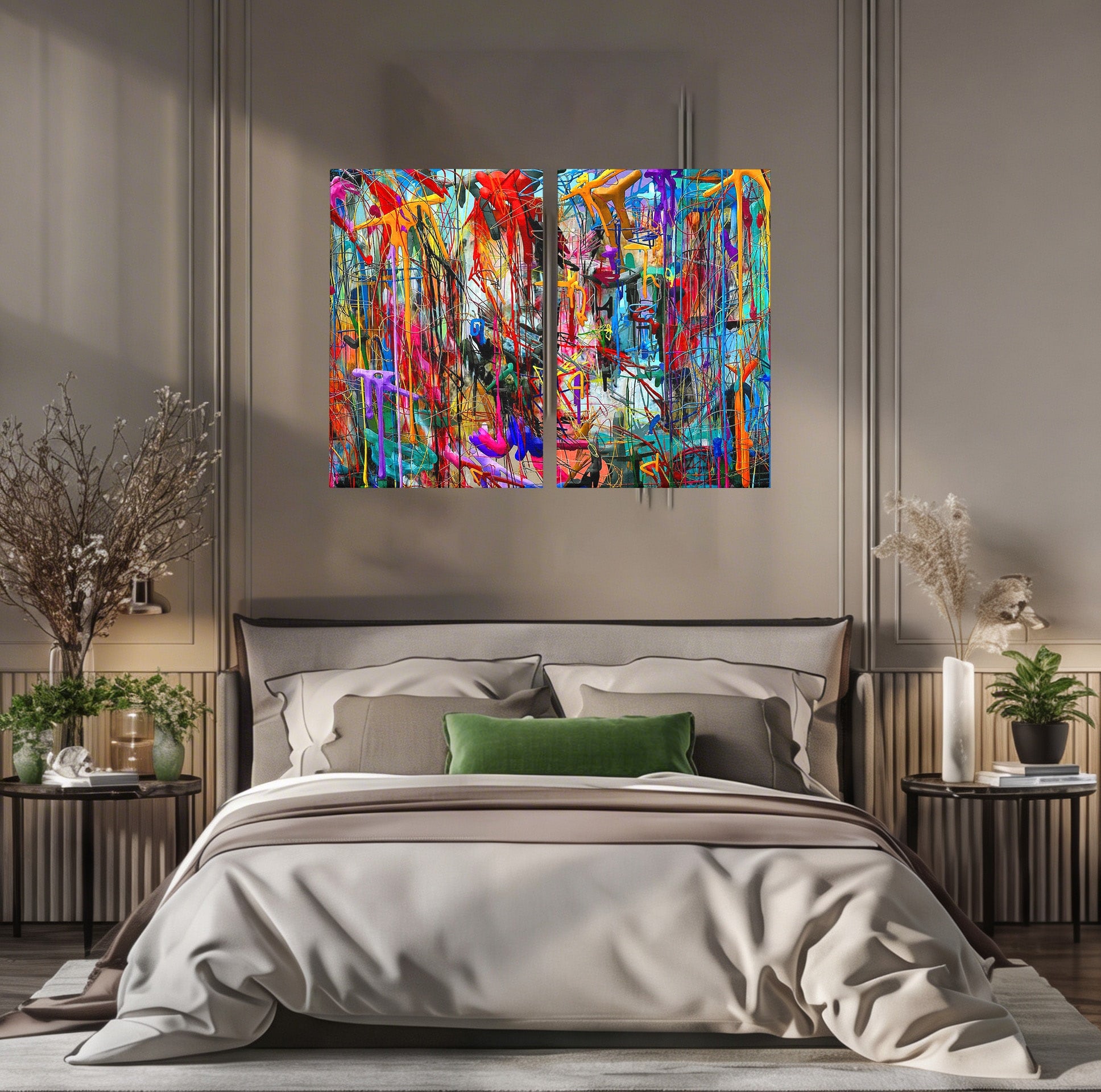 Tablou Canvas Premium LuxCanva® PI1387, Vibratii Abstracte, Set 2 Tablouri, Abstract, Arta Moderna, Creativitate, Energetic, Culori Vibrante, Living