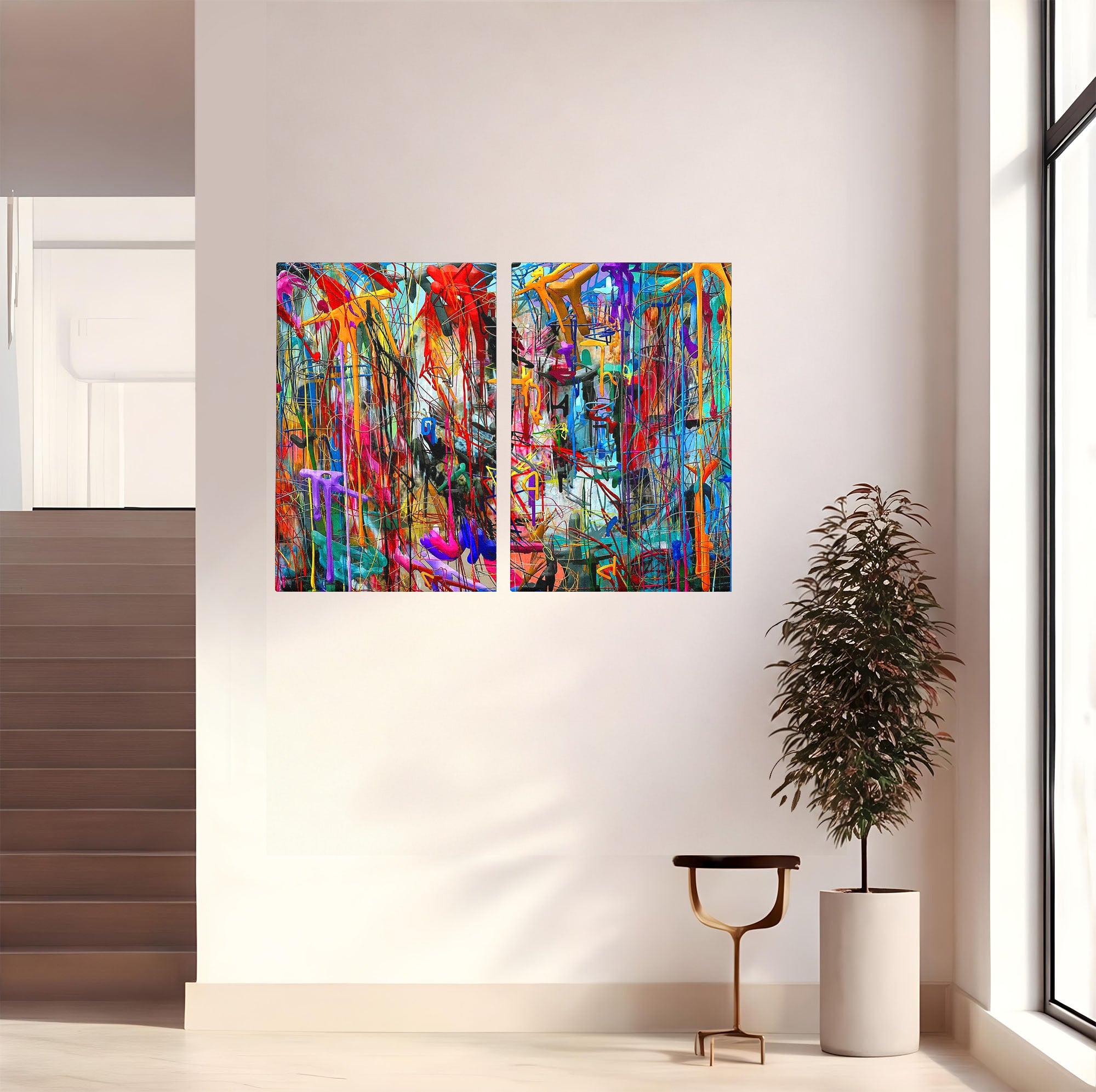 Tablou Canvas Premium LuxCanva® PI1387, Vibratii Abstracte, Set 2 Tablouri, Abstract, Arta Moderna, Creativitate, Energetic, Culori Vibrante, Living