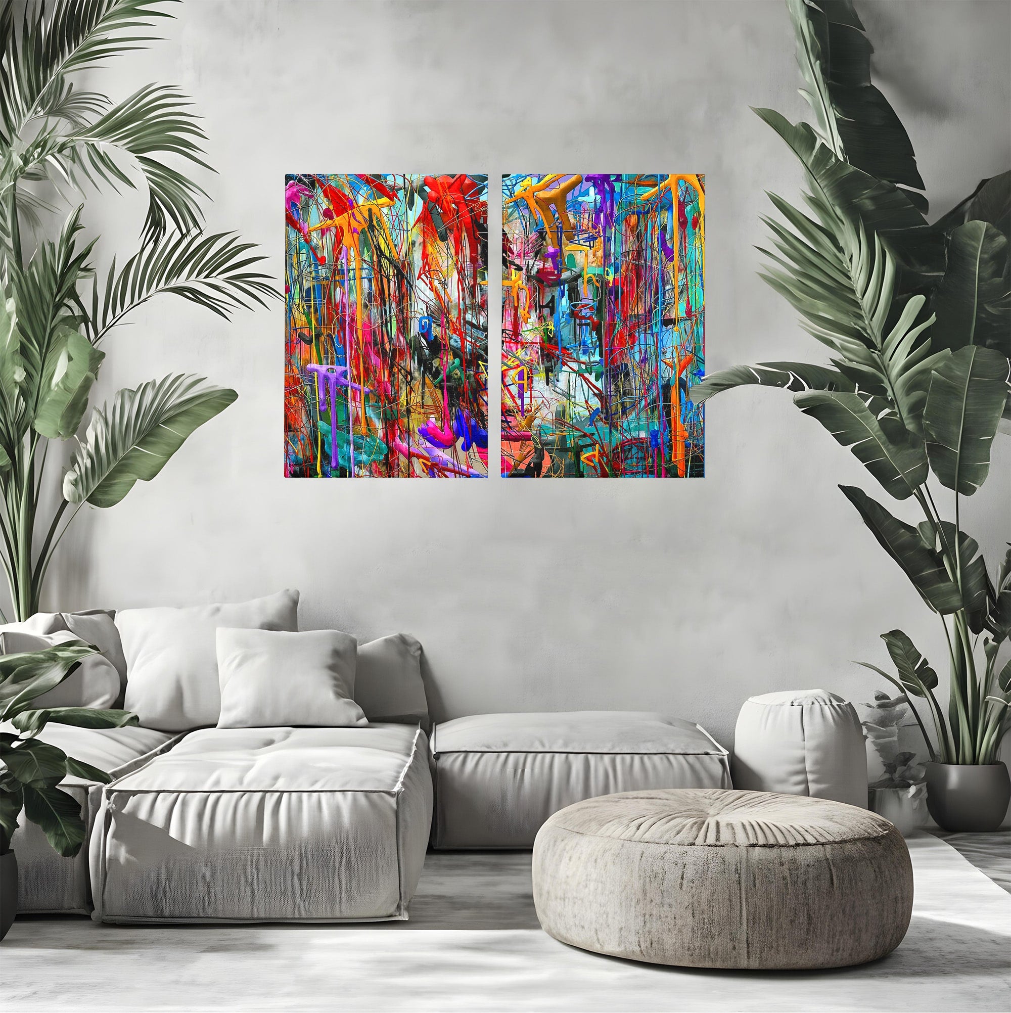 Tablou Canvas Premium LuxCanva® PI1387, Vibratii Abstracte, Set 2 Tablouri, Abstract, Arta Moderna, Creativitate, Energetic, Culori Vibrante, Living